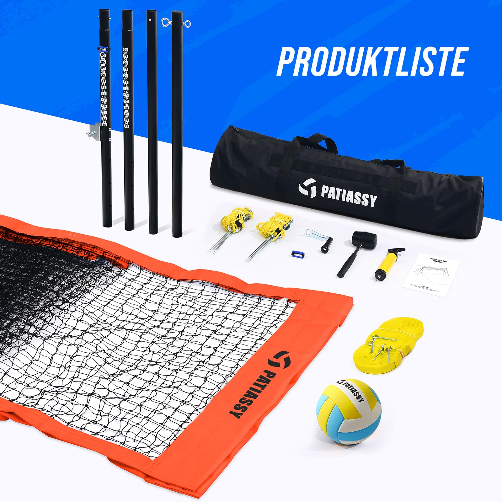 Professionelles Volleyballnetz für den Garten Höhenverstellbar Anti-Rost Beschichtung PU Volleyball 9,75m*1m
