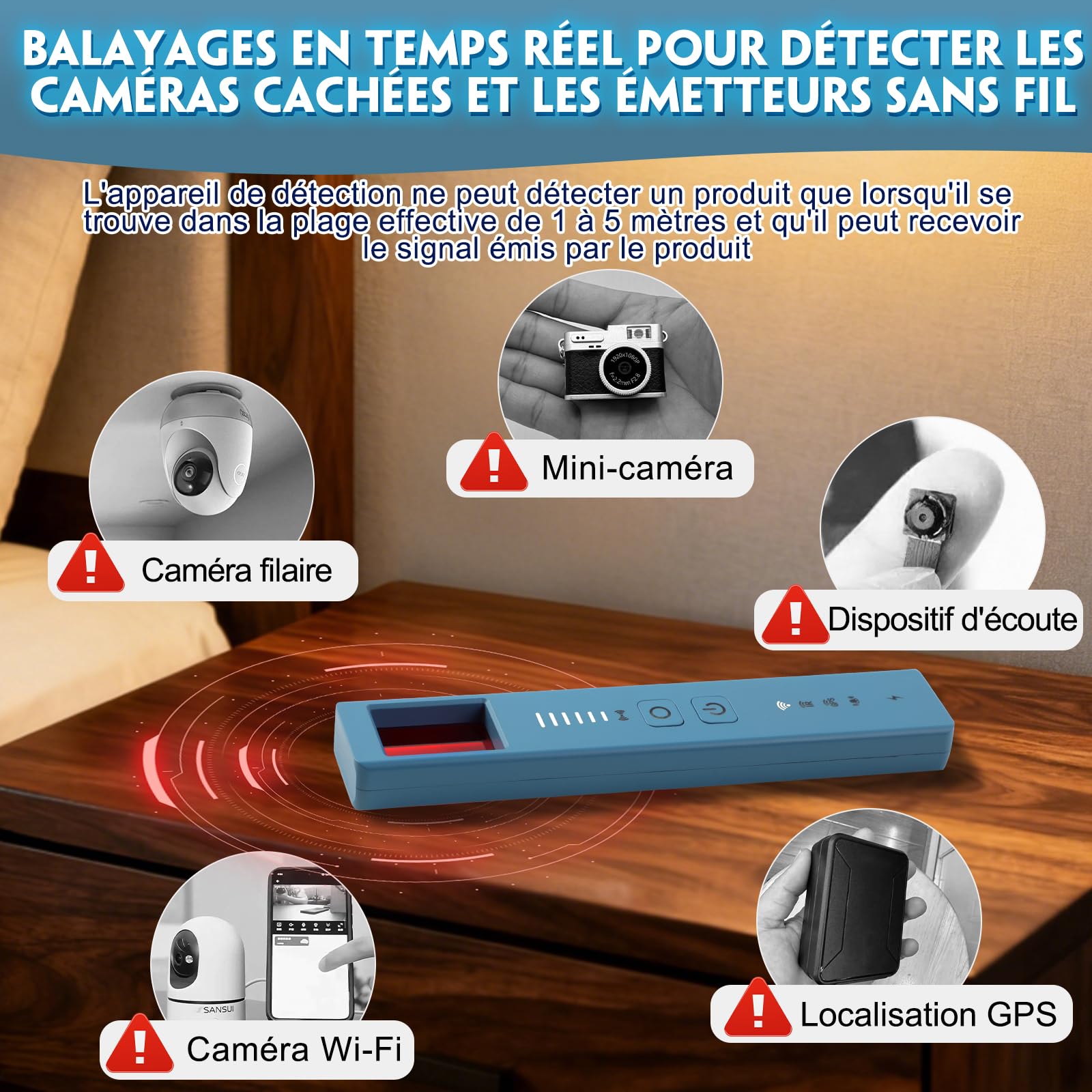 Détecteur de Caméra Cachée et Micro Espion – 5 en 1 avec Détection RF, 6 Niveaux de Sensibilité, Alarme Anti-Traceur GPS – pour Maison, Bureau, Hôtel, Voyages