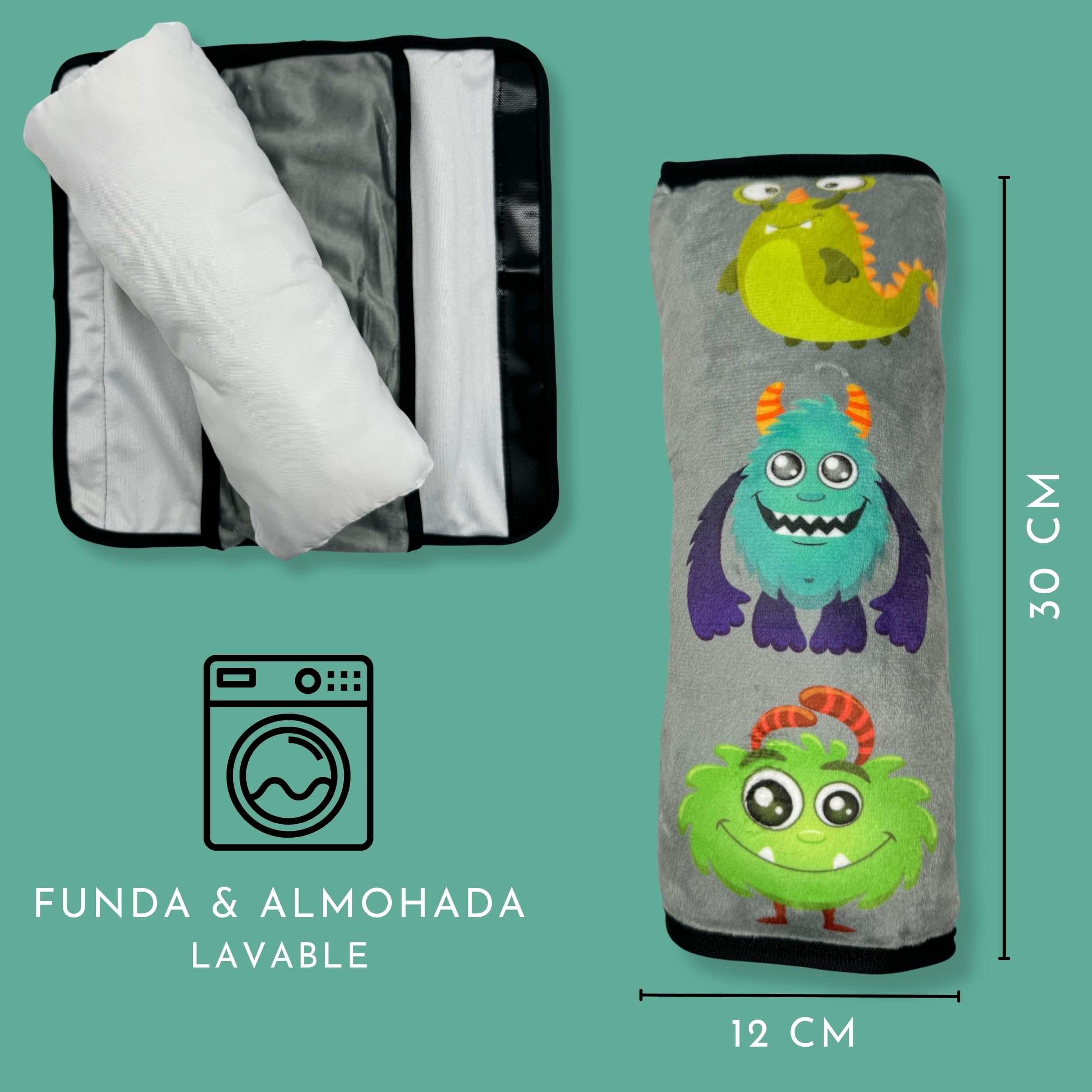 HECKBO Almohadilla para coche con dibujos de monstruos para niños - lavable a máquina suave, tacto de peluche, almohadilla cinturón de seguridad — view 2