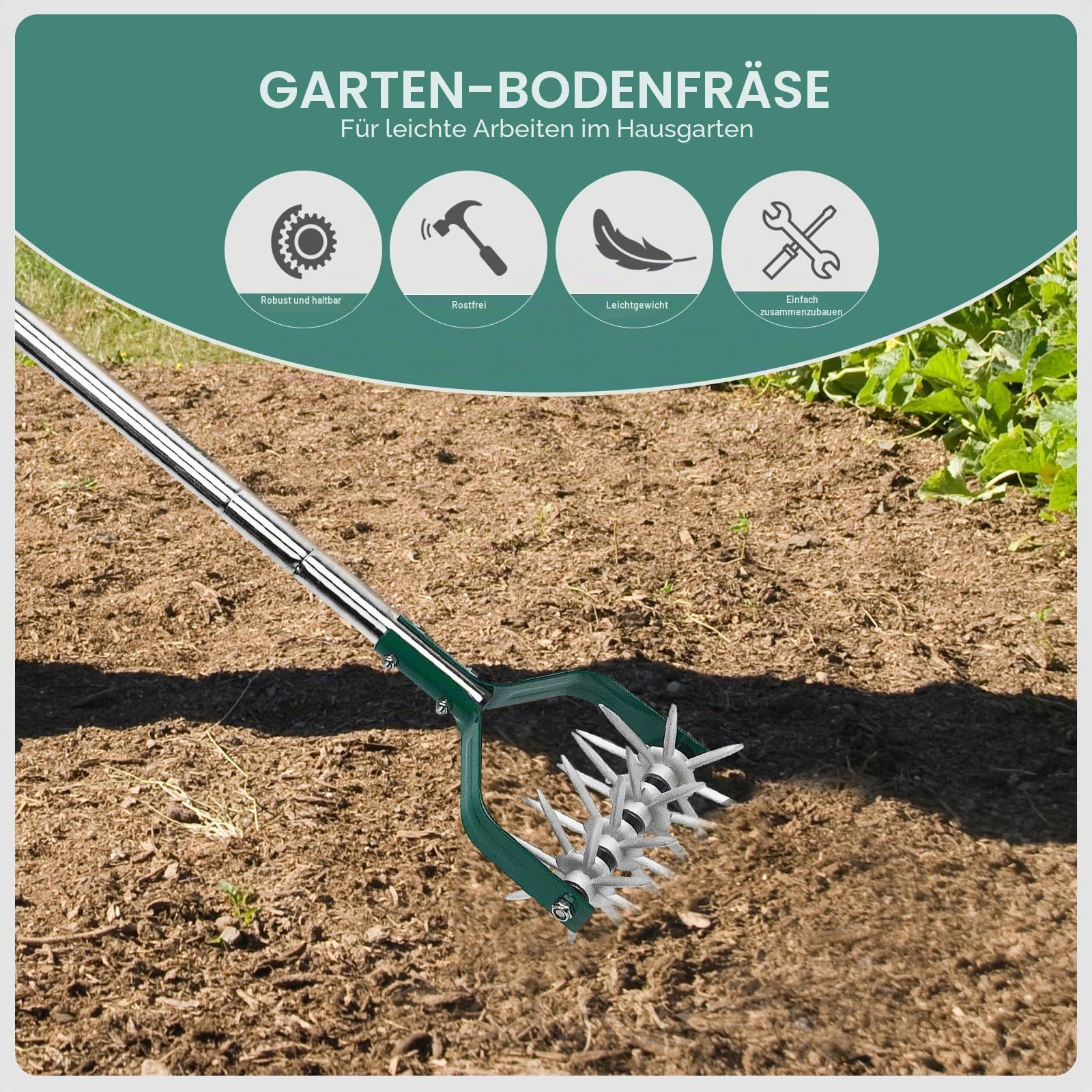 Yeelor Rotary Grubber Pinne Einstellbarer S/S Griff Rotary Pinne mit abnehmbaren massiven Metallzinken Gartenkultivator Rasenfräse und manuelle Pinne zum Lösen und Mischen von Erde