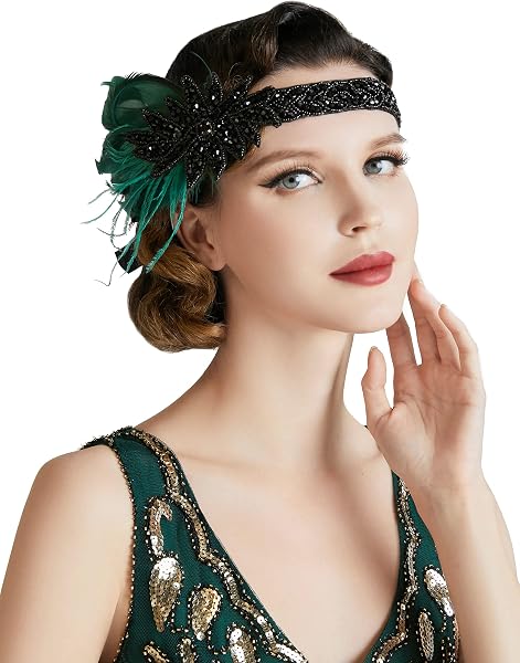 BABEYOND Damska opaska na czoło z piórami w stylu lat 20. XX wieku, Charleston, opaska na włosy, Wielki Gatsby, damska opaska na czoło na karnawał, akcesoria do kostiumu, ciemnozielona