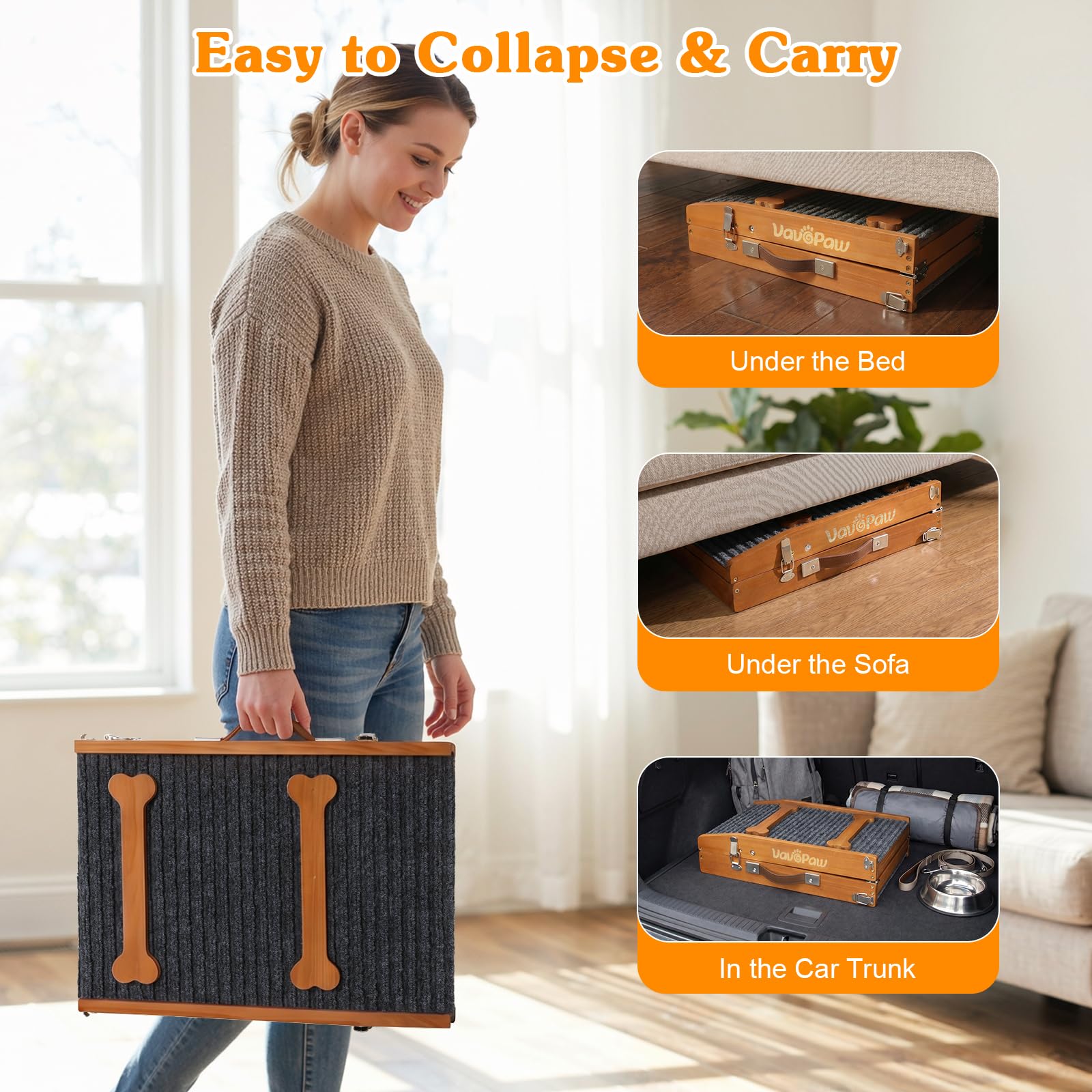 VavoPaw Rampa Mejorada para Perro, Rampa Plegable para Perros Pequeños para Camas, 7 Alturas Ajustables de 3,9"-18,9" con Almohadilla Antideslizante, Escaleras para Mascotas de hasta 33 LBS, Nuez