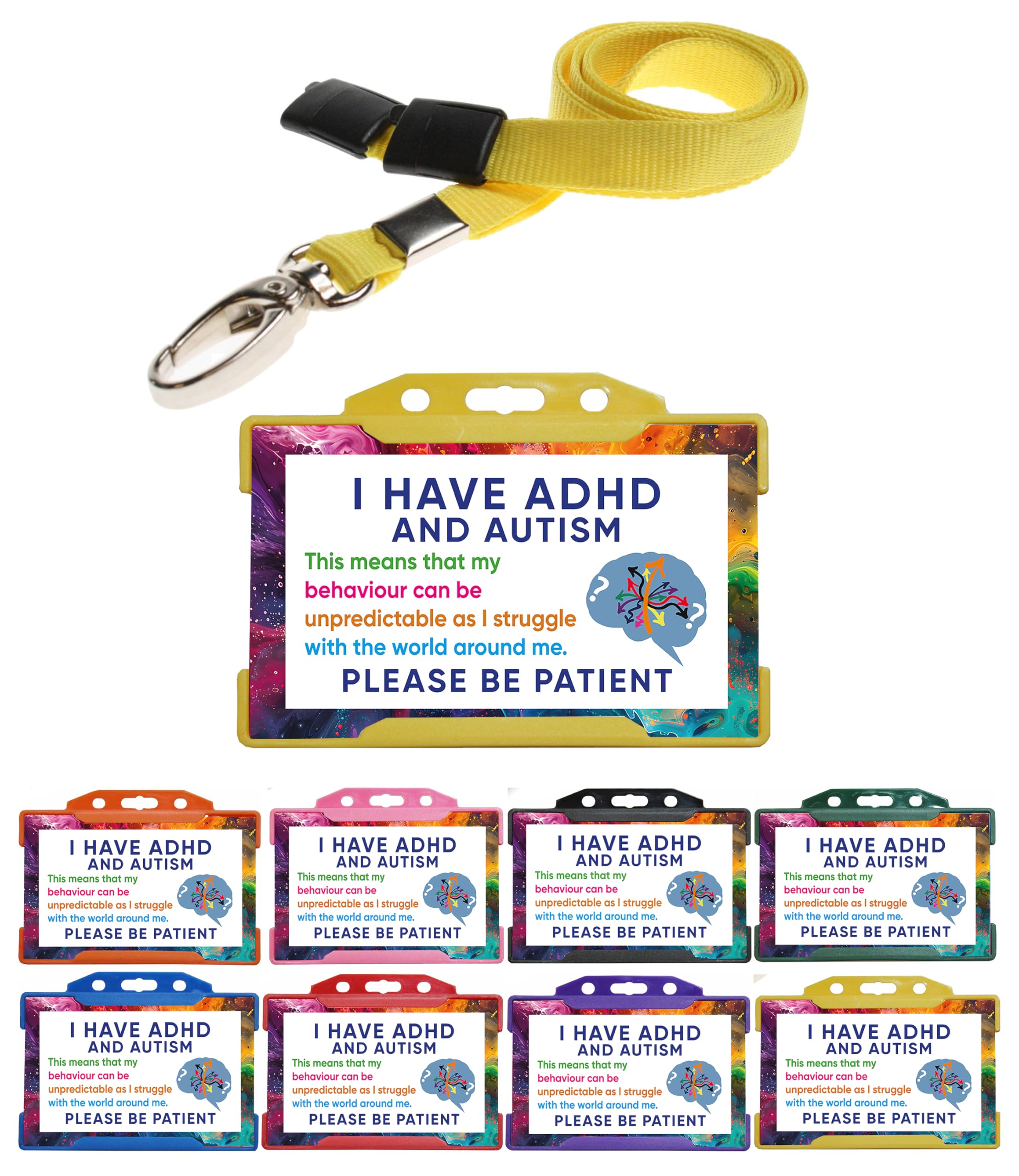 Quantum Leap ADHD and Autism Disability Badge Card with Yellow Holder and Yellow Lanyard Hidden Disability Lanyard
