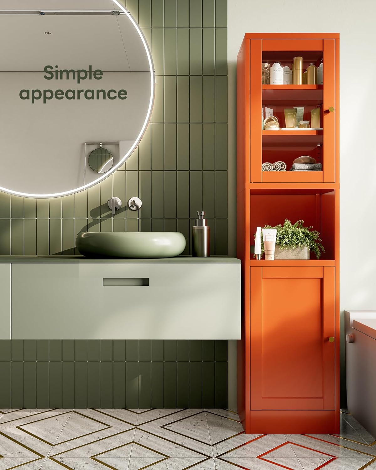 67" Slim Narrow Kitchen Pantry Cabinet with Glass Door – 6-Tier Tall Storage Cupboard for Small Space, Adjustable Shelves, Reversible Doors, Easy Assembly, Orange, Ideal for Bathroom