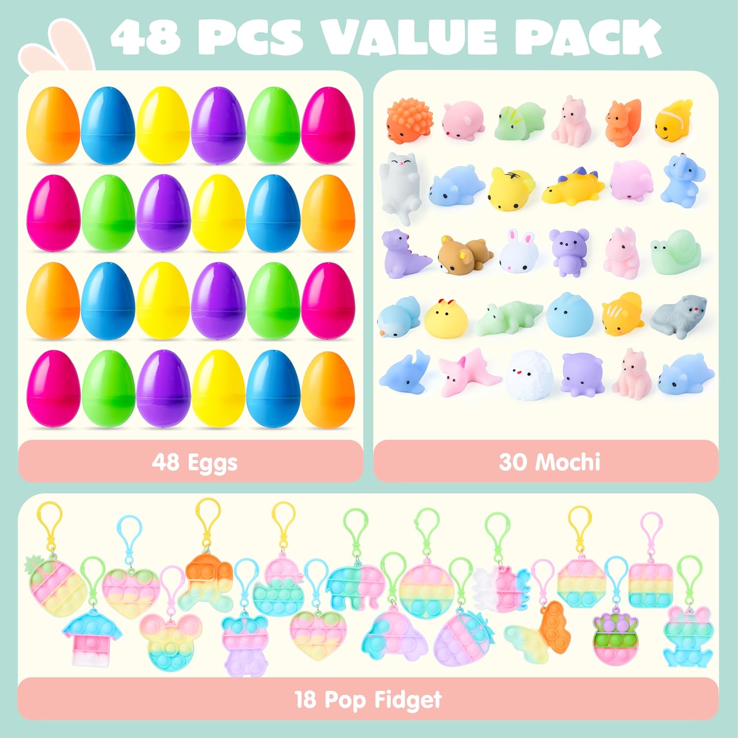 JOYIN 48 Pcs Prefilled Easter Eggs with Assorted Toys, Filled with Mochi and pop Bubble for Easter Egg Hunt, Kids Basket Stuffers, Party Favor Decor Supply, Classroom Prize