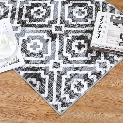 Miniatura 14 de COZYLOOM Alfombra marroquí vintage de 8 x 10 pies para sala de estar, antideslizante, lavable, alfombra retro con estampado geométrico moderno, gris