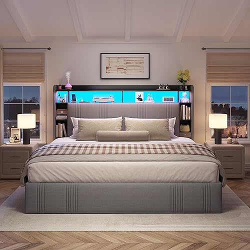 Miniatura 9 de EnHomee Base de cama tamaño King con 4 cajones de almacenamiento, base de cama King tapizada con cabecera de almacenamiento de varios niveles, luces