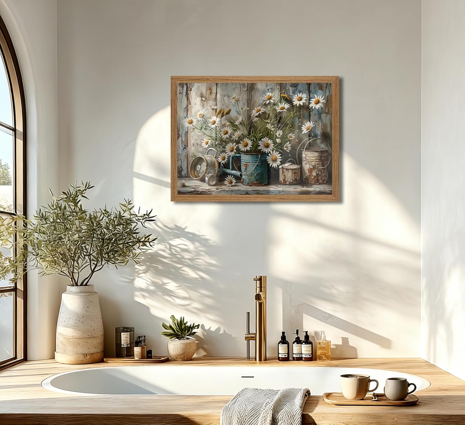 Framed Farmhouse Rustic Daisy Canvas Wall Art Vintage Country Floral Painting Picture Wall Decor Bathroom Still Life Botanical Poster Print Artwork for Living Room Bathroom Home Decoration 16x24inch