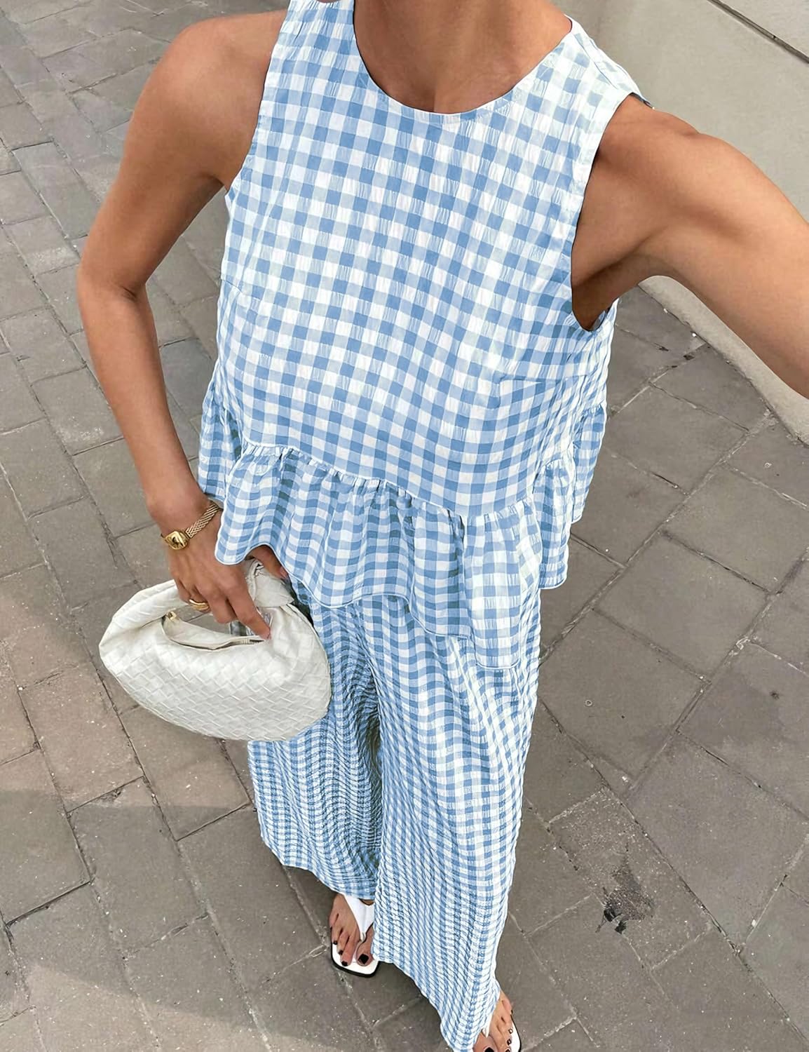 Tanming Women's 2 Piece Set Outfits Gingham Plaid Tank Tops Wide Leg Pants Matching Lounge Sets - Image 3