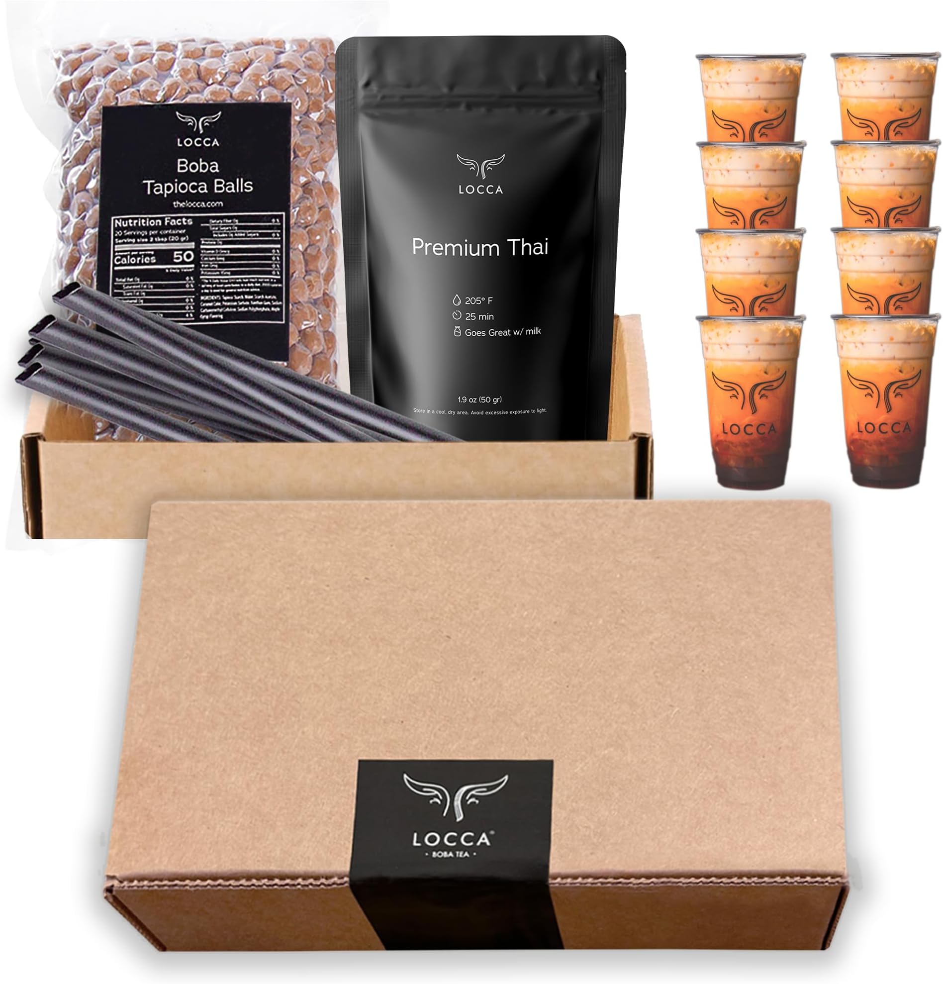 Locca Boba Tea Kit | Thai Tea Boba Kit | 8 Servings Premium Boba Kit with Chewy Tapioca Pearls | Boba Balls Boba Tea Making | Bubble Tea Kit Sago Pearls Boba Milk Tea Kit | Bubble Tea Set