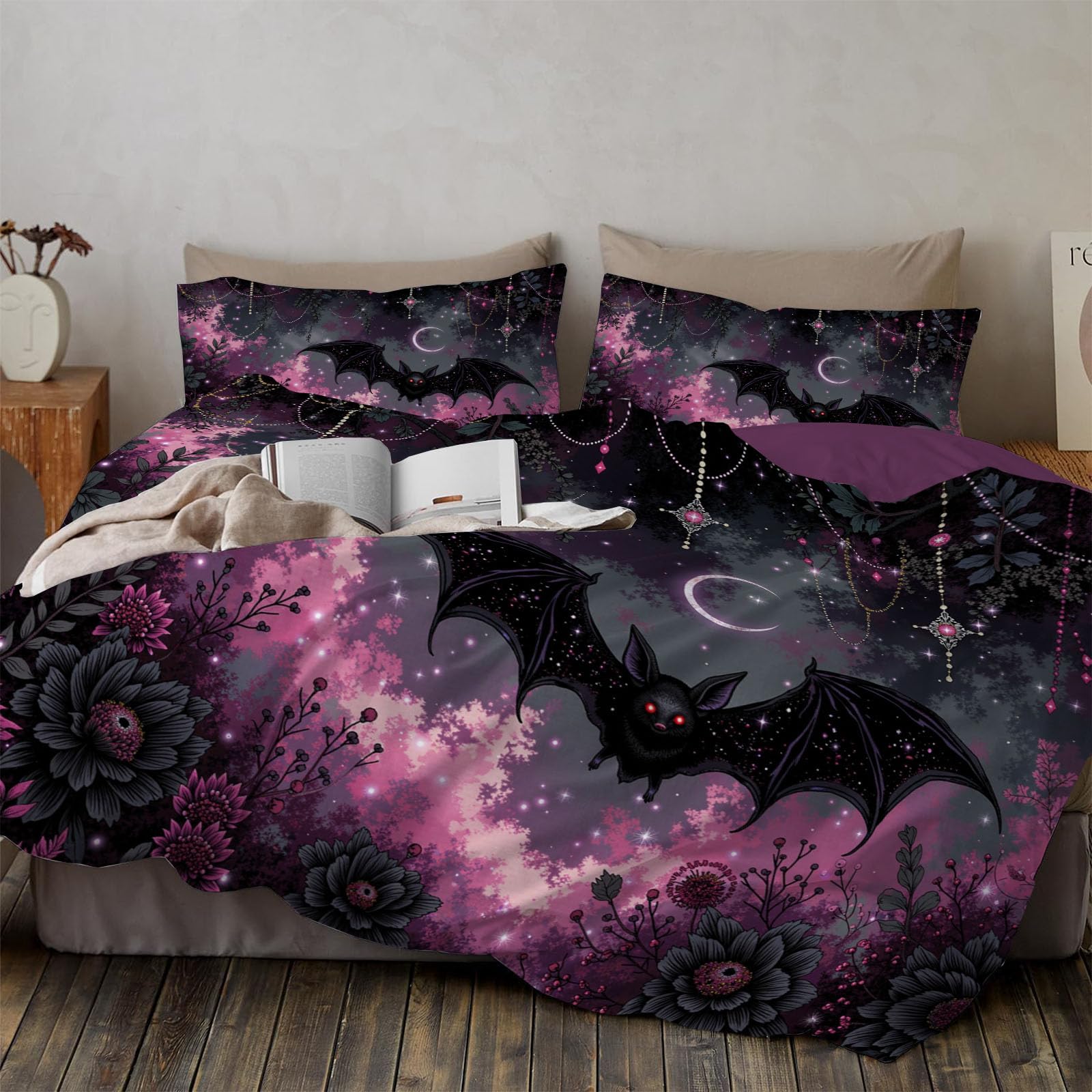 Parure chauve-souris lunaire florale pour literie gothique 200x200
