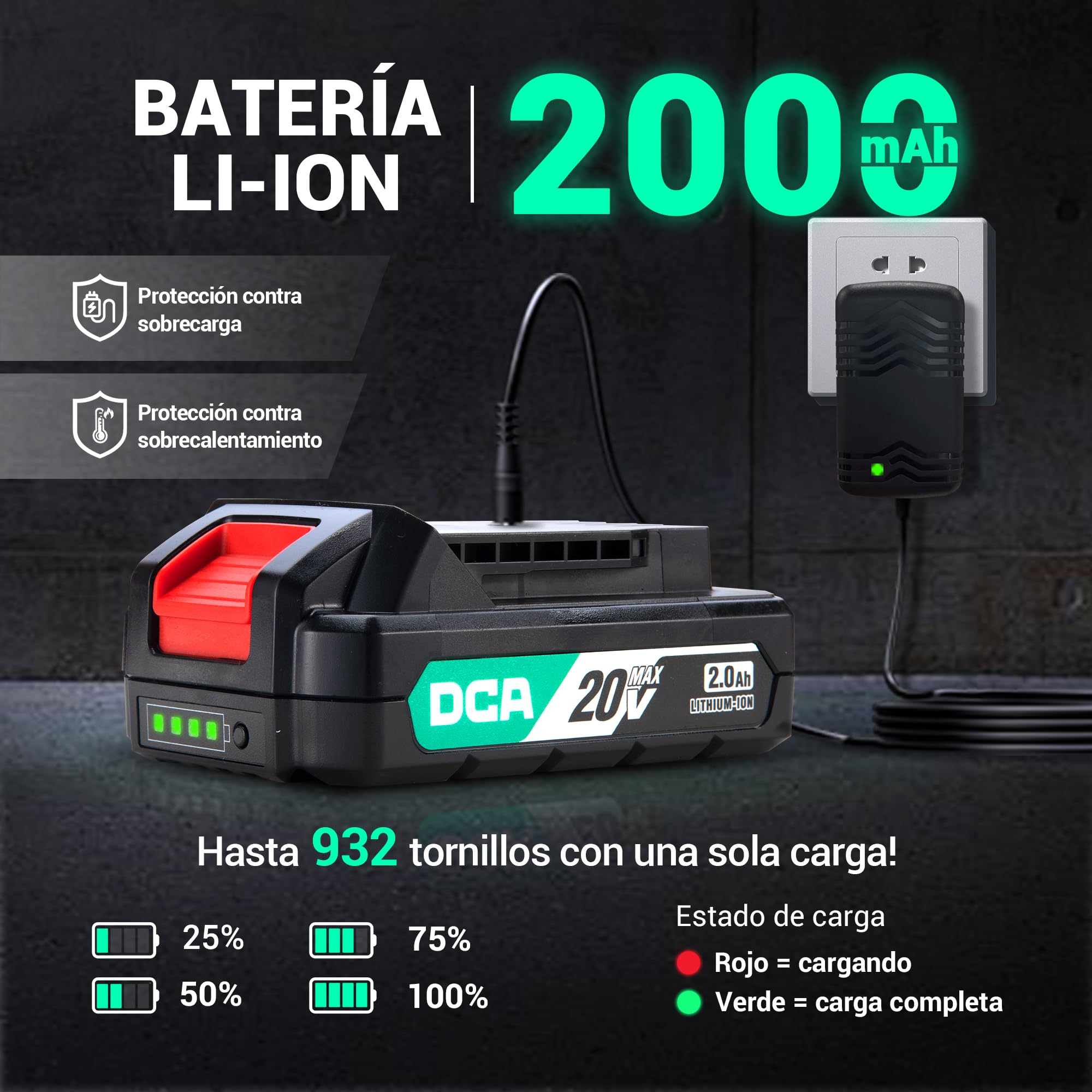 DCA Taladro Percutor Inalámbrico Brushless 20V, 55Nm de Par Máximo, Mandril Todo Metal de 13mm, 18+2 Configuraciones de Par (0-450/1800RPM), Diseño Compacto con 2*Batería de 2.0Ah y Cargador，ADJZ2055i