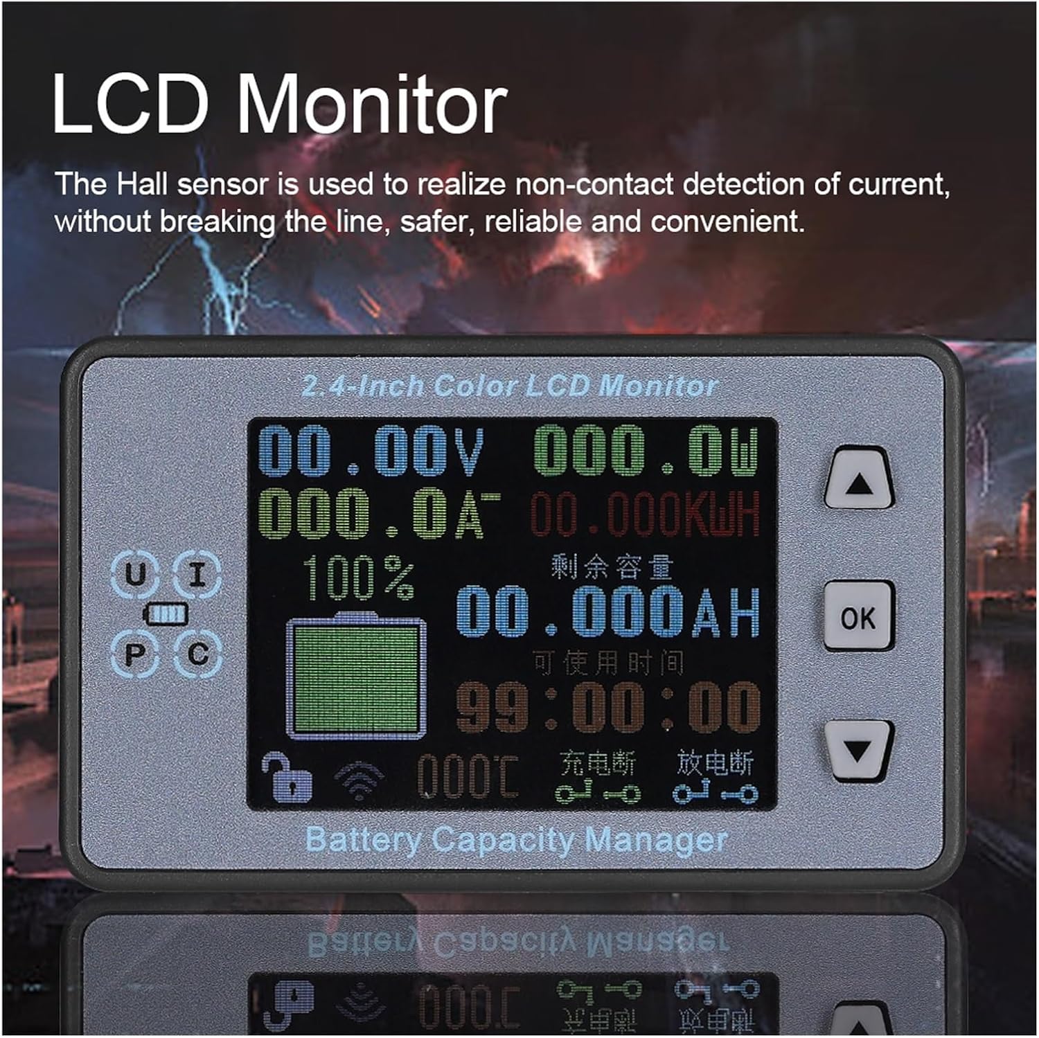 Close-up of the 2.4-inch color LCD monitor and Hall sensor for non-contact current detection