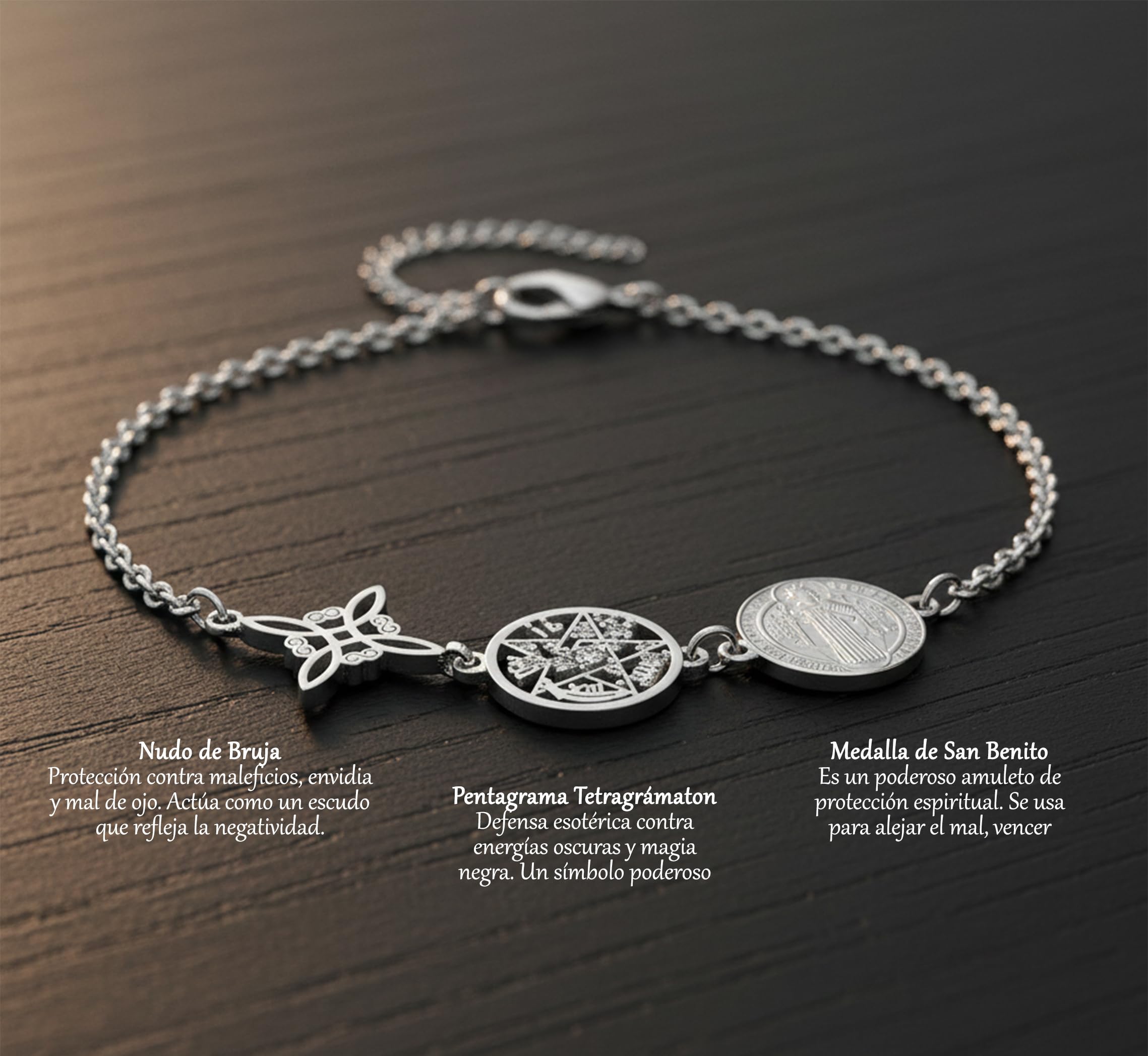 Only faith Pulsera Triple Protección con Nudo de bruja, Tetragramaton y Medalla de San Benito, Acero Inoxidable 316L, 17cm Ajustable, Cadena 1mm, Amuleto Esotérico, Dorado y Plateado