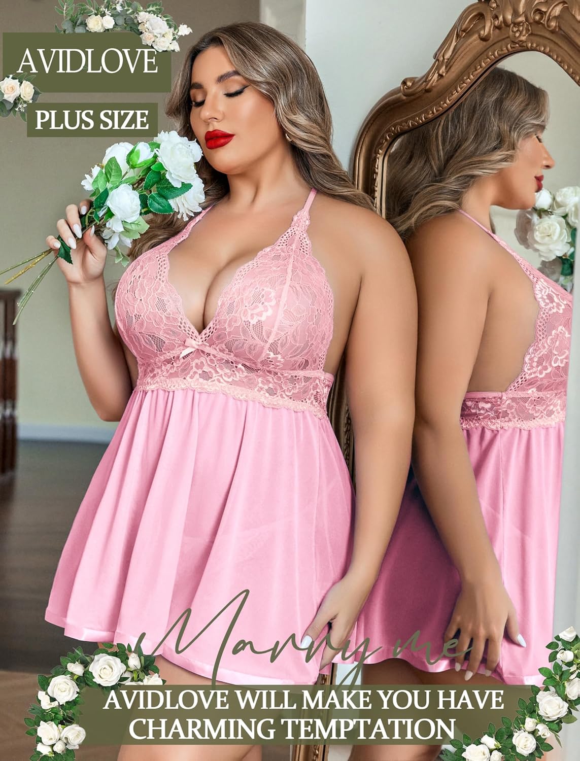 Avidlove Women Plus Size Babydoll Lingerie Lace Chemise Mesh Sleepwear - Image 4