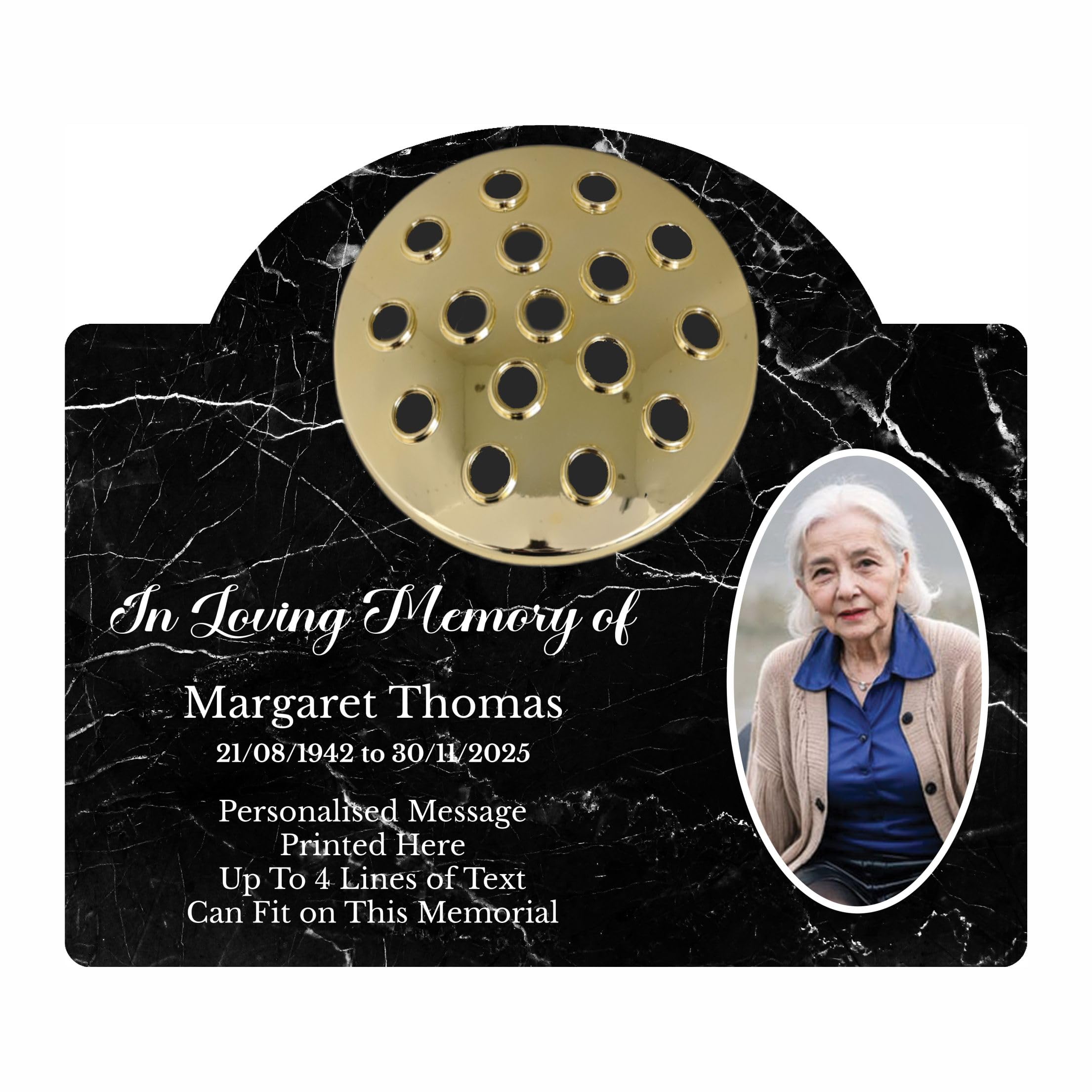 1stclassgifts Personalised Metal Grave Stone Marker Headstone Memorial Plaque, In Memory Sign Remembrance Your Photo Grave Vase Flower Holder (UV PRINTED) (Black Marble, Gold Lid)