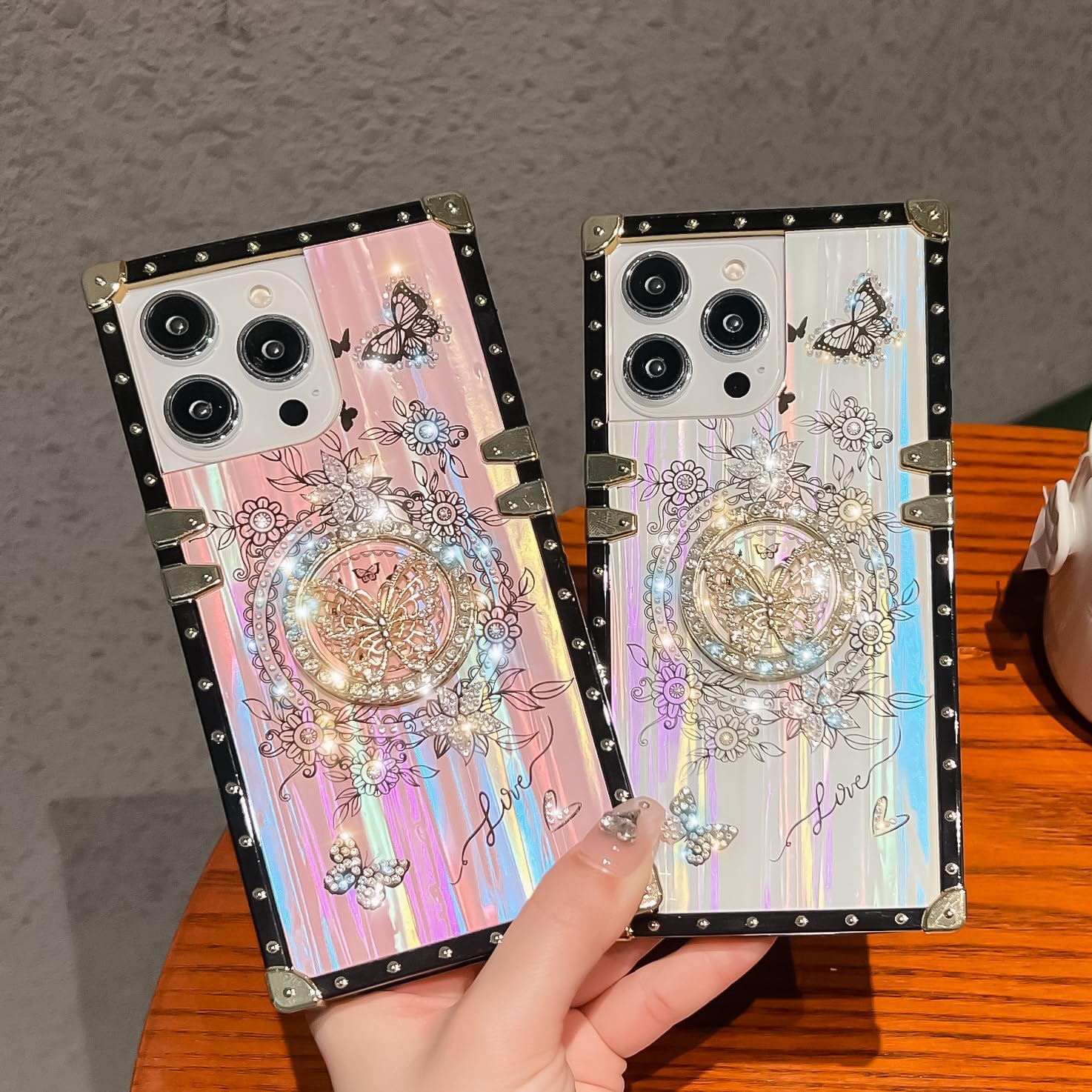 Cute Compatible with iPhone 15 Pro Max Case, Luxury Bling Butterfly with Foldable Kickstand Holder for Women & Girls, Glossy Colorful Shockproof Protective Case 6.7” (Pink) - Image 2