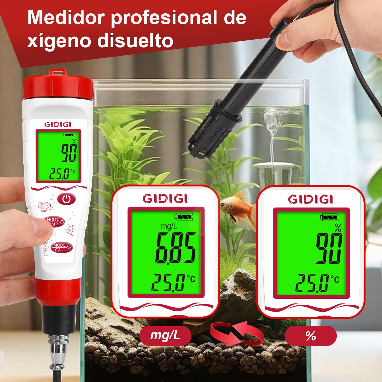 Medidor digital de oxígeno disuelto, GIDIGI Tester de oxígeno disuelto con ATC, medidor DO con cable de sonda DO de 3 metros de largo, kit de prueba de oxígeno disuelto para acuarios, estanques