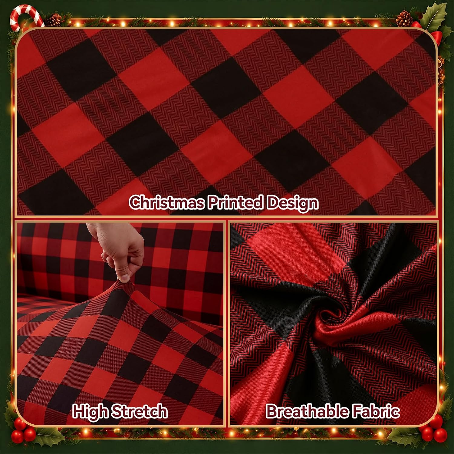 Irenare Christmas Red and Black Buffalo Plaid Sofa Couch Cover 2 Seat