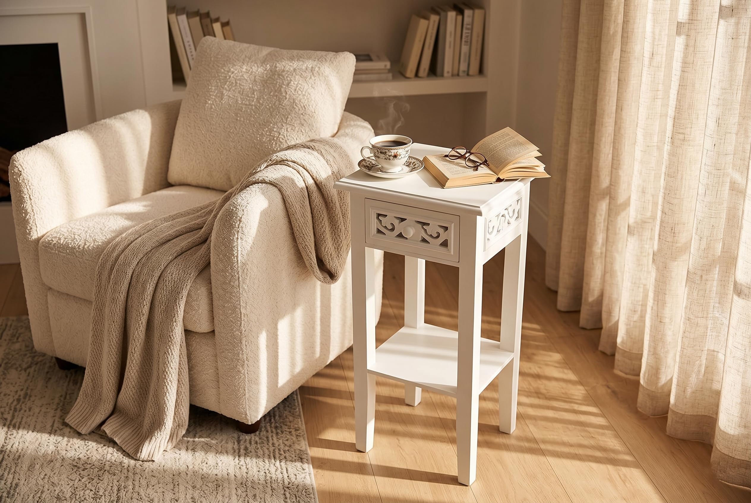 elbmöbel Telefontisch Ablage in Shabby Chic Design | Holz Beistelltisch mit Schublade ideal für Flur und Eingangsbereich | Landhaus Vintage Nachttisch | H67 x B25 x T25 cm Weiß