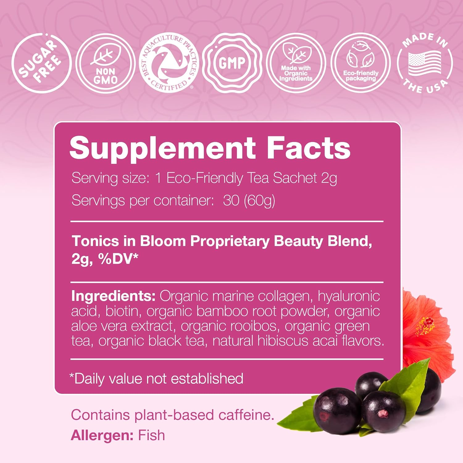 Marine Collagen Beauty Tea - Biotin, Hyaluronic Acid, Aloe Vera, Organic Green Tea - Natural Collagen Drink for Hair Skin and Nails Support - 30 Tea Bags (Hibiscus Acai Flavor)