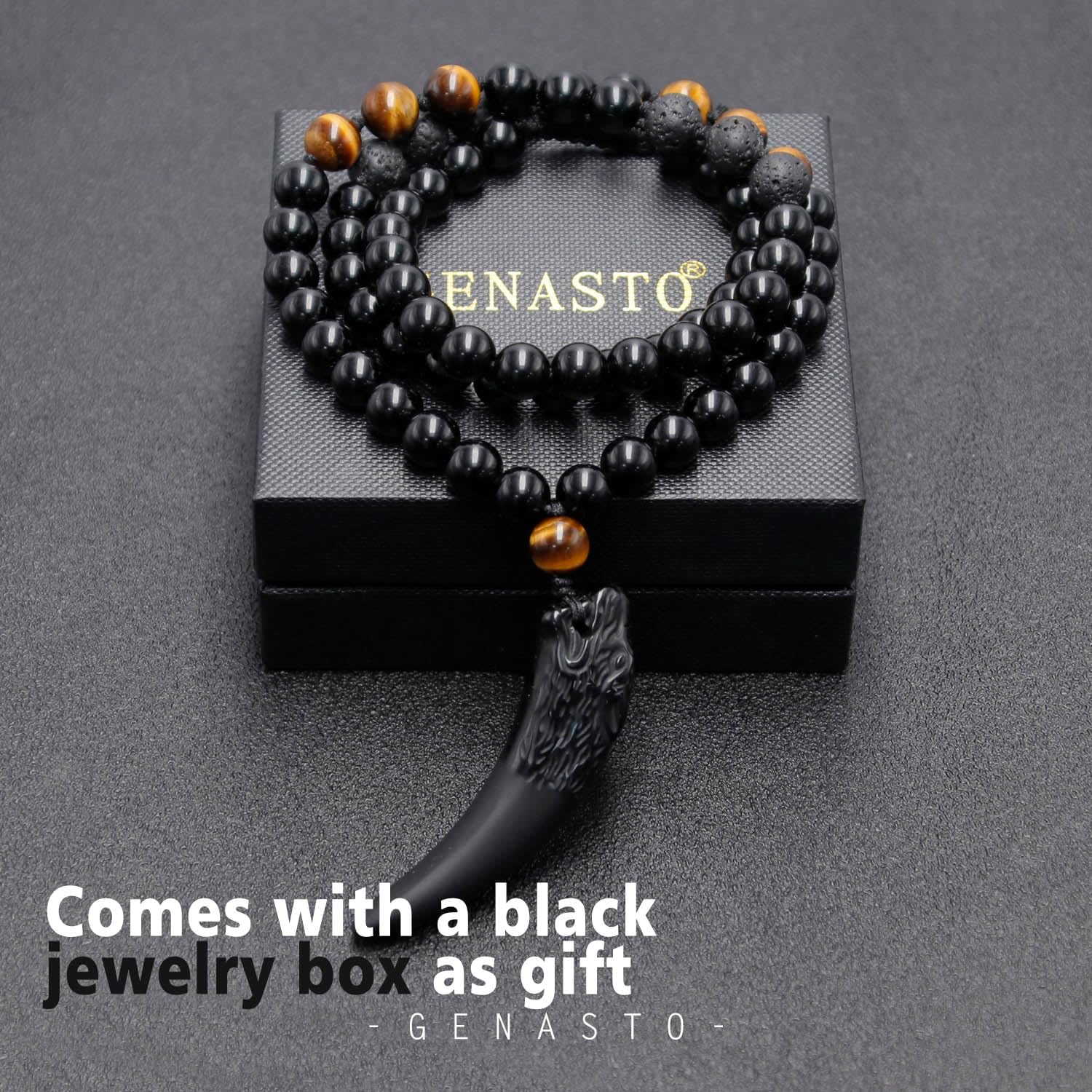 Wolf Tooth Necklace Black Obsidian Stone Beads and Tiger Eye Necklace and Tiger Eye Natural Stone Crystal Healing Prayer Necklace for Men Women - Image 6