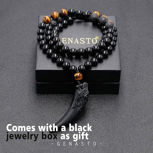 Miniatura 5 de GENASTO Wolf Tooth Necklace Black Obsidian Stone Beads and Tiger Eye Necklace and Tiger Eye Natural Stone Crystal Healing Prayer Necklace for Men