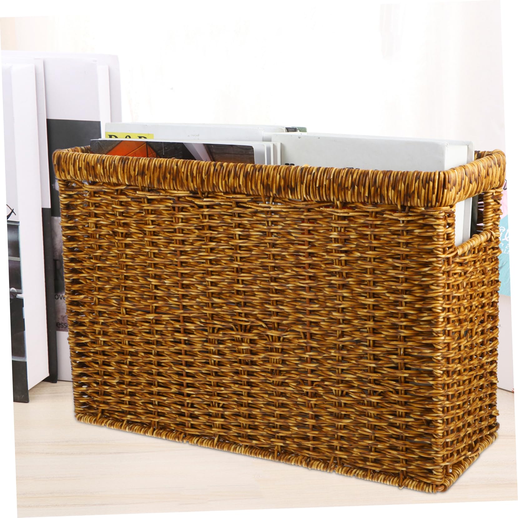 Cabilock Cesta con Asa Tejida Resistente de Ratán Plástico de Almacenamiento Organizador Multiusos y Fácil de Transportar de Estilo Simple y Elegante para Escritorio