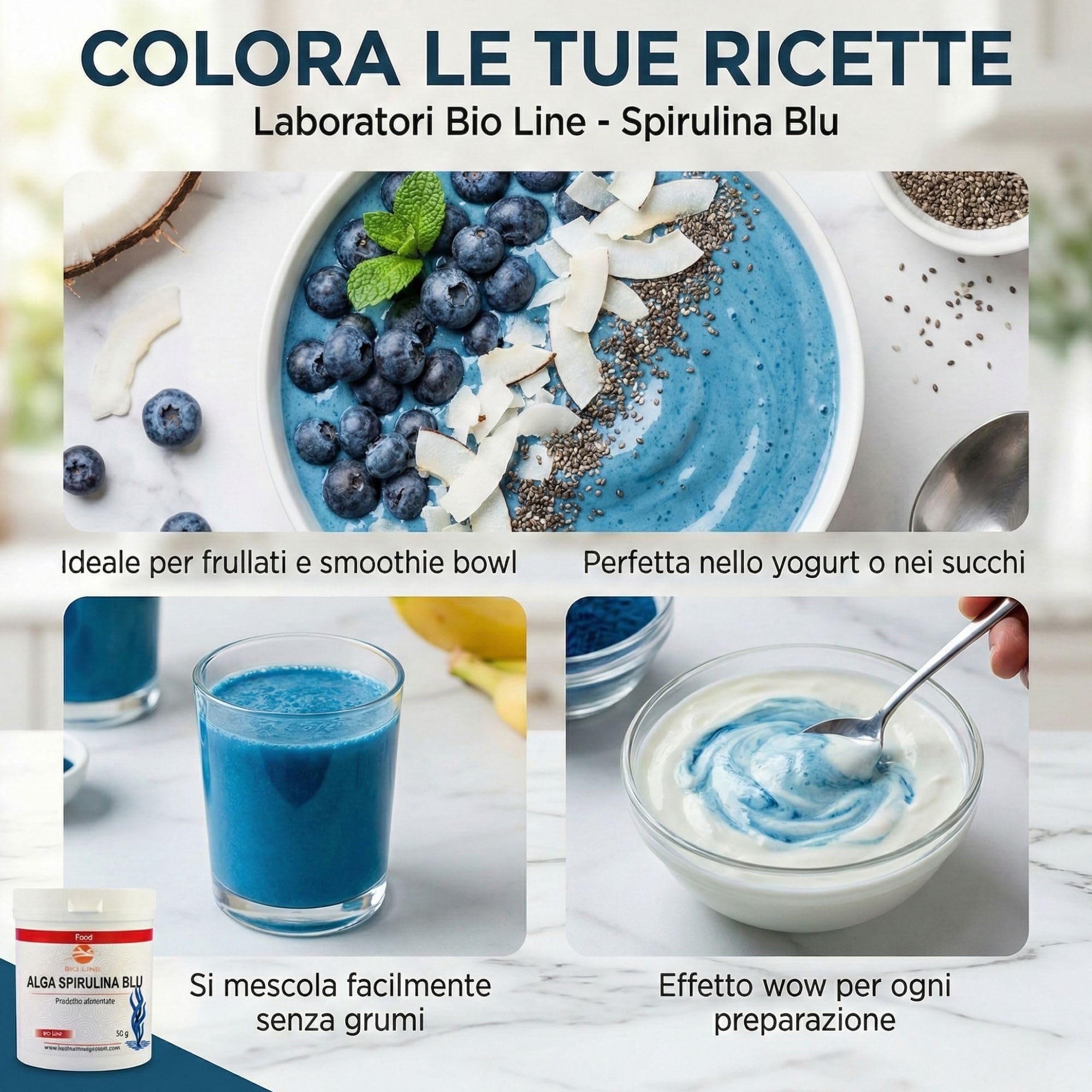 Laboratori Bio Line - Spirulina Blu 50gr, Alga Spirulina Polvere Alimento in Polvere Costituito dall’Essiccamento e Polverizzazione dell’Alga, Colorante Alimentare Blu Naturale