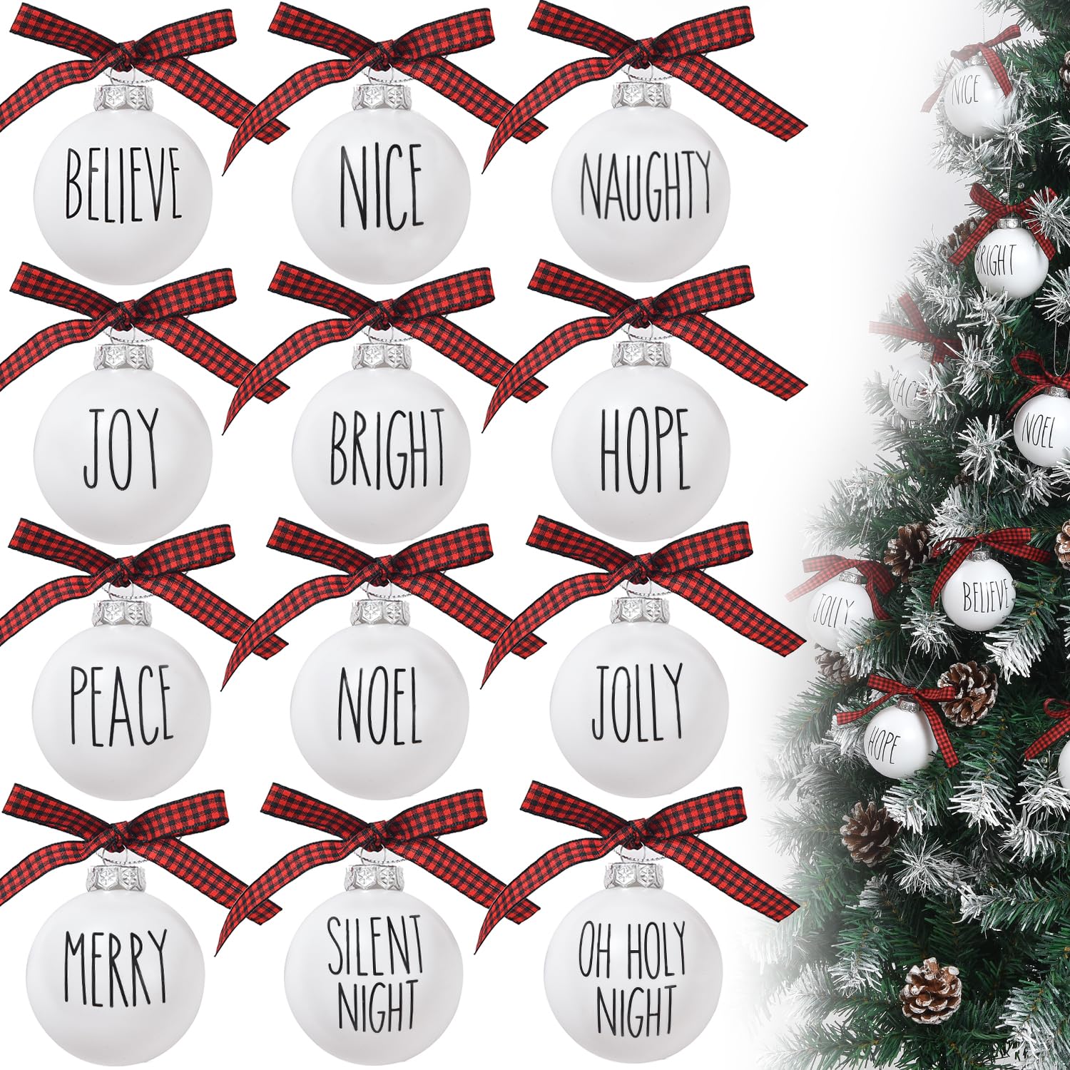 MLMTFI 12 Pcs Christmas Ball Ornaments 2.36'' Shatterproof White Bulbs with Buffalo Plaid Bows Hanging Ornament Balls Farmhouse Christmas Tree Decor Home Tree Party Decor Xmas Plastic Ball Decorations
