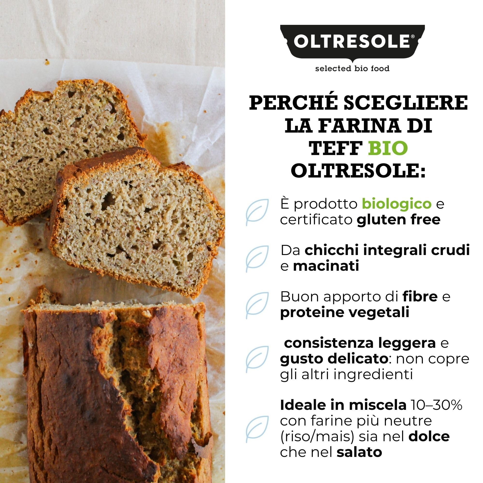 Oltresole, Farine de Teff biologique 1 kg, Farine riche en fibres, protéines et minéraux, polyvalente en cuisine, excellente pour les pâtes sucrées et salées, végétalienne, sans OGM, sans gluten