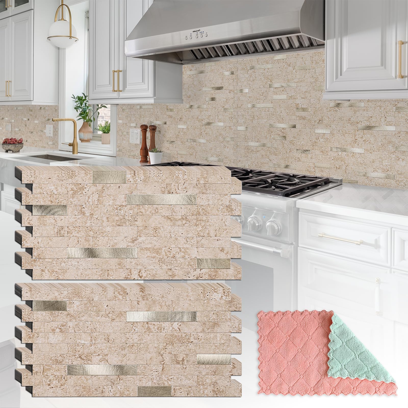 StyloVue 20 hojas para despegar y pegar contra salpicaduras para cocina, travertino clásico mejorado 2026 beige con detalles de metal dorado, azulejo adhesivo para salpicaduras de cocina, caravana