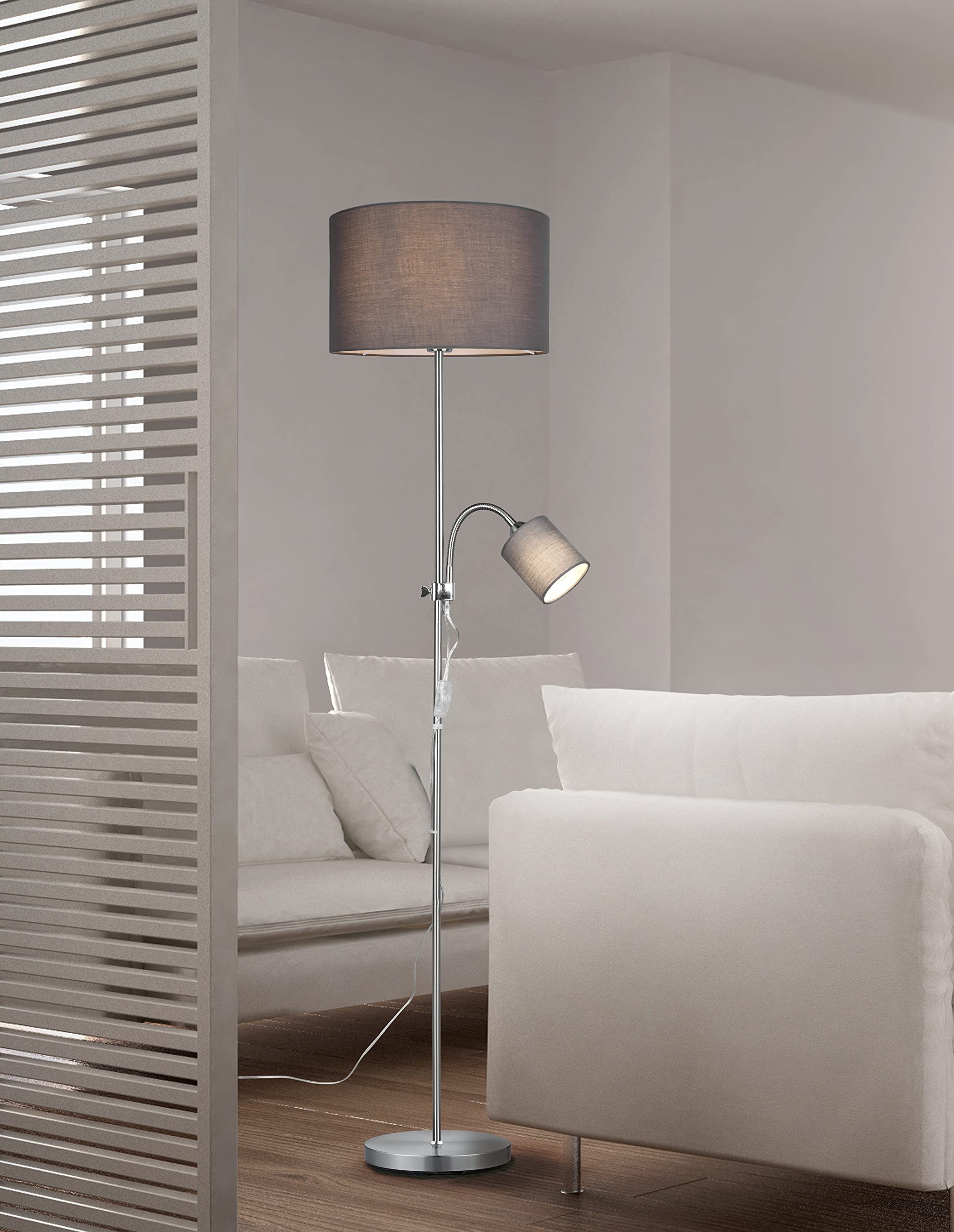 Reality Piantana Owen Con 2 Luci, 1xE27 Max 42W E Braccio Lettura 1xE14 Max 10W, Paralumi In Tessuto Grigio, Base Nichel Opaco