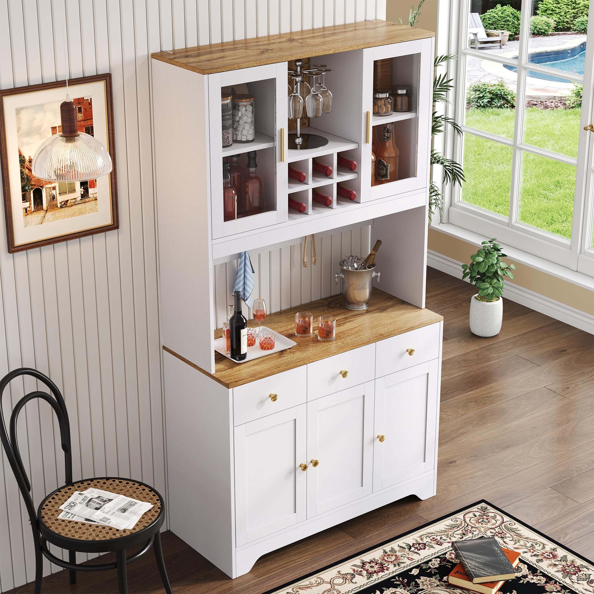 Azkoeesy Mobile Dispensa Cucina, Credenza Alta Cucina, 95x40x175 cm, 3 Cassetti, 3 Porta trasparente in acrilico, Portabottiglie, 5 Ganci, bianco + maniglie in metallo oro