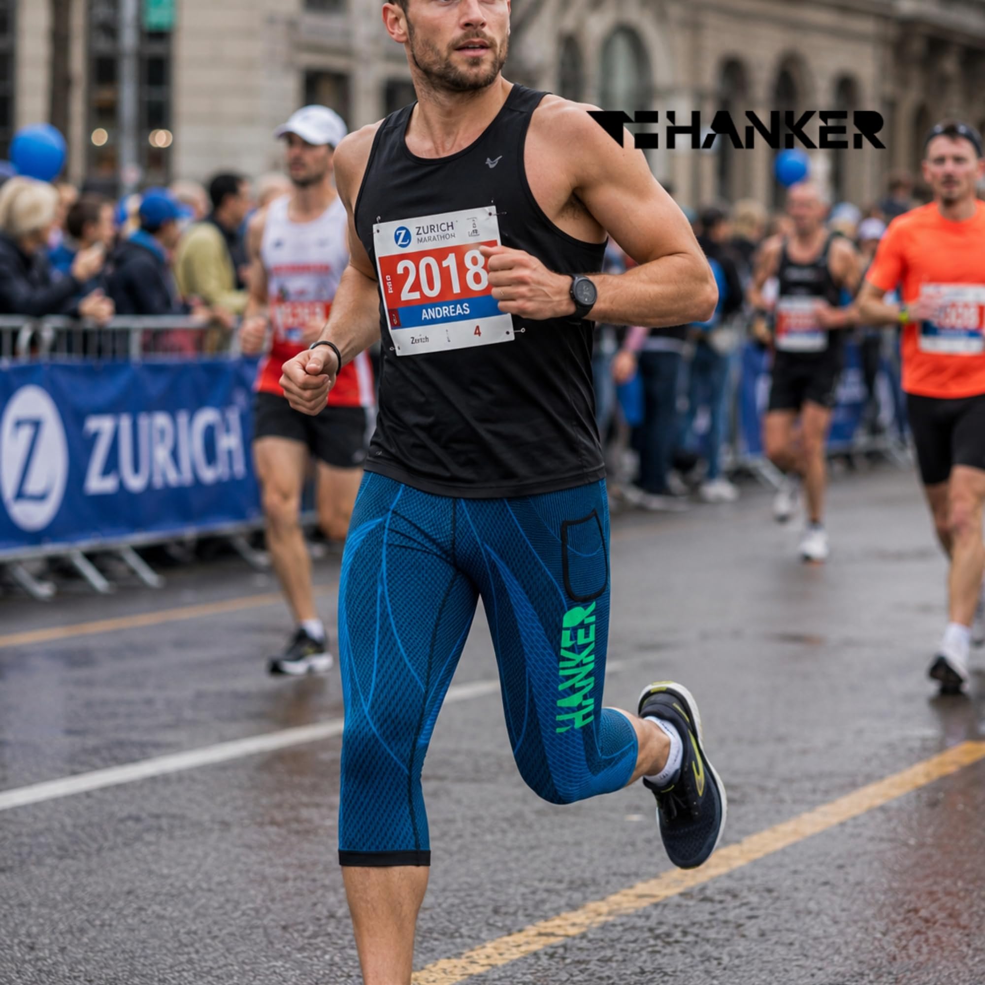 HANKER Mallas de Compresión para Hombre Pirata 3/4 Running Trail y Fitness con Bolsillos Grandes y Costuras Planas