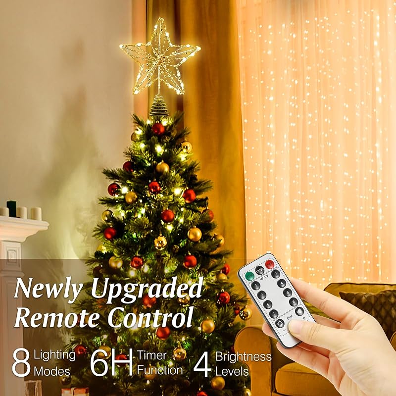 Lewondr 30 cm Arany Karácsonyfa Csúcsdísz Csillag - LED Világítással, Gyöngyös Díszítéssel, Elemes, 3D Fém Karácsonyi Dekoráció Ünnepekre