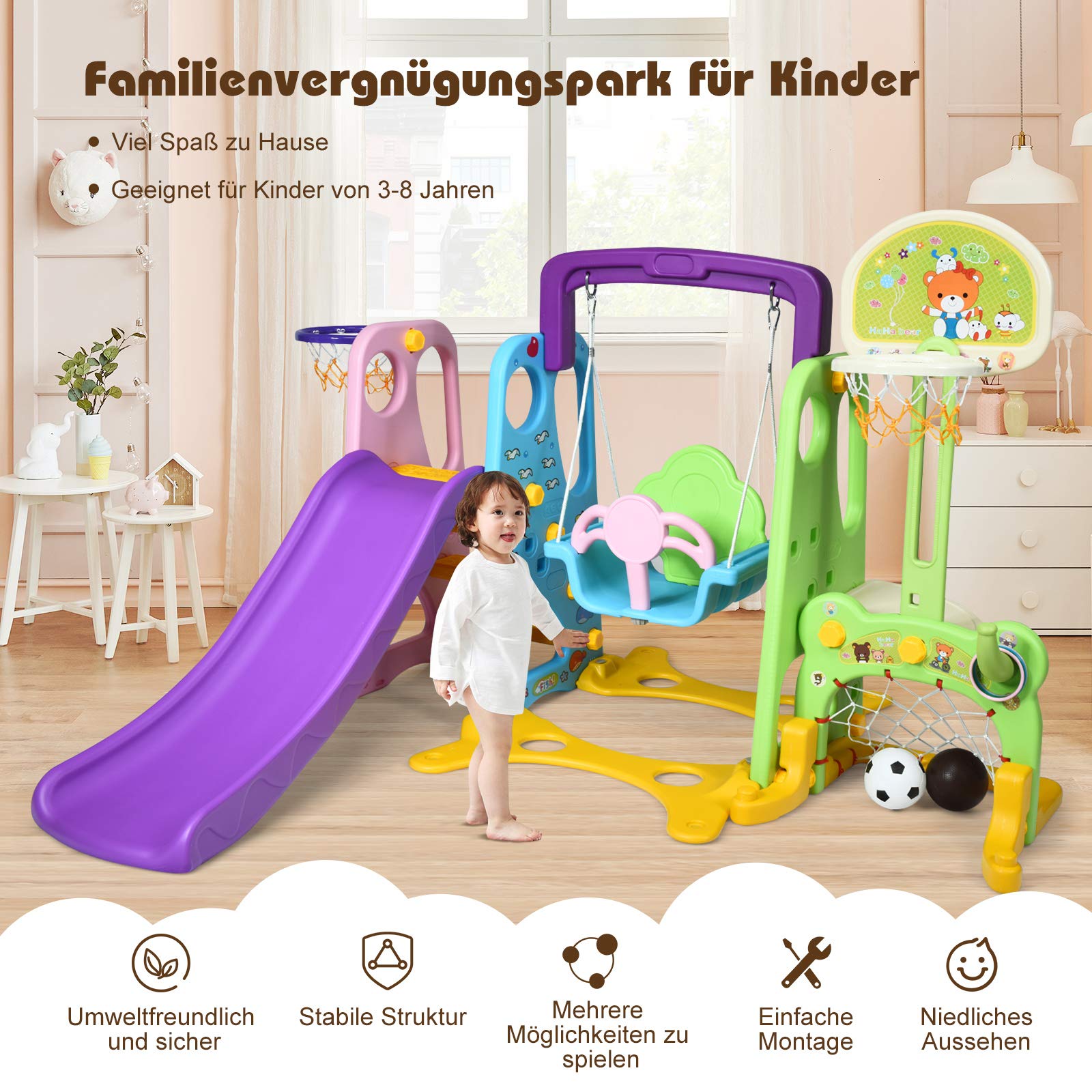 4-in-1 Kinderrutsche Mit Schaukel & Basketball - Spielplatz Für Drinnen & Draußen