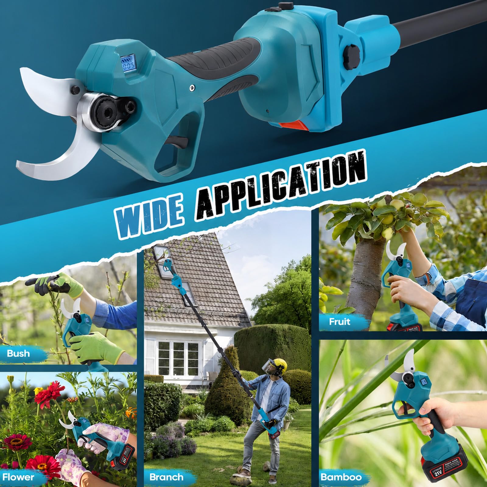 Élagueuse sur perche sans fil 2-en-1 | Perche télescopique de 2,3 m | Écran LCD | 2 batteries 21 V 3,0 Ah | Diamètre de coupe de 40 mm | Compatible Makita | Élagueuse sans fil (2 IN 1)