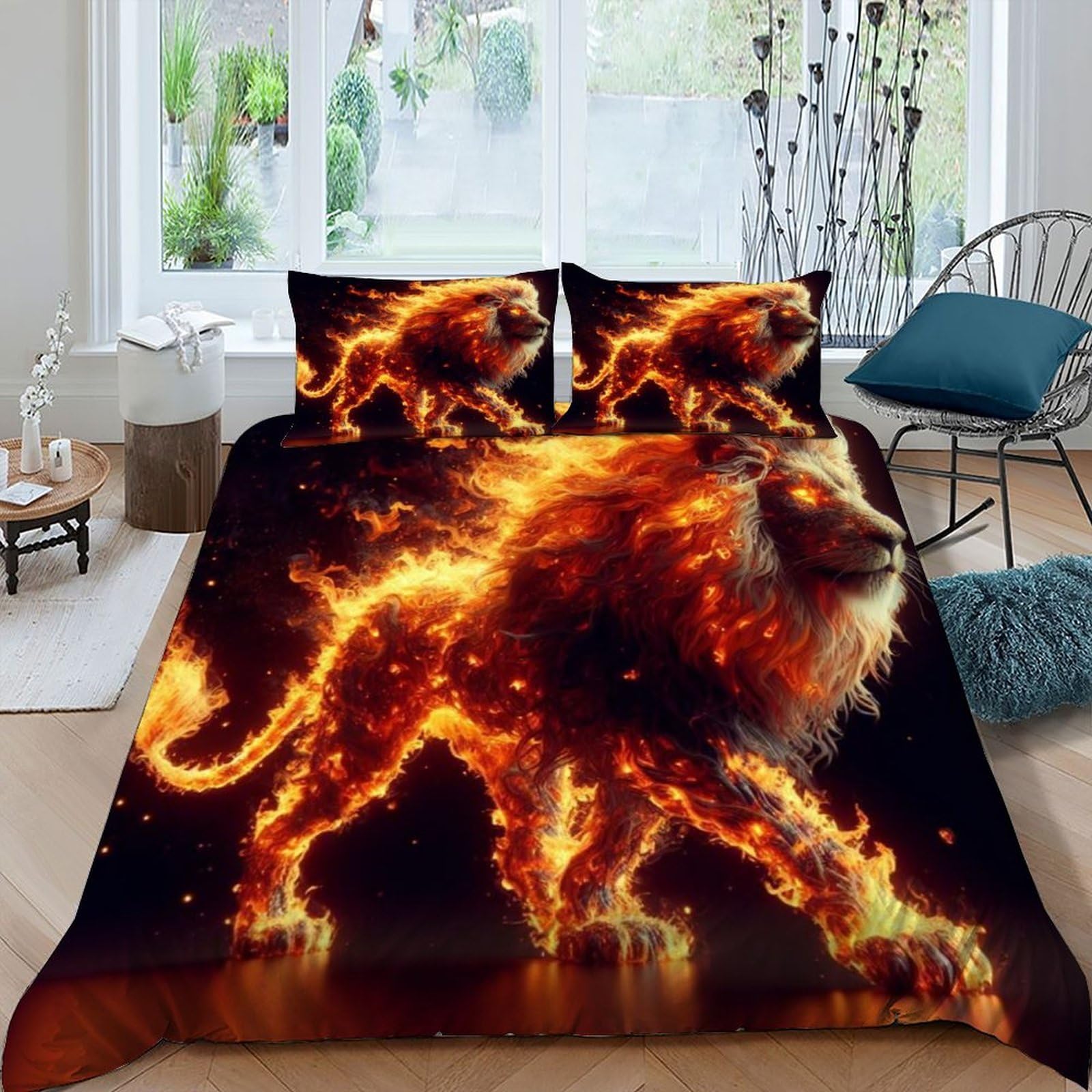 Linge de lit lion de feu King size de qualité supérieure pour grand lit