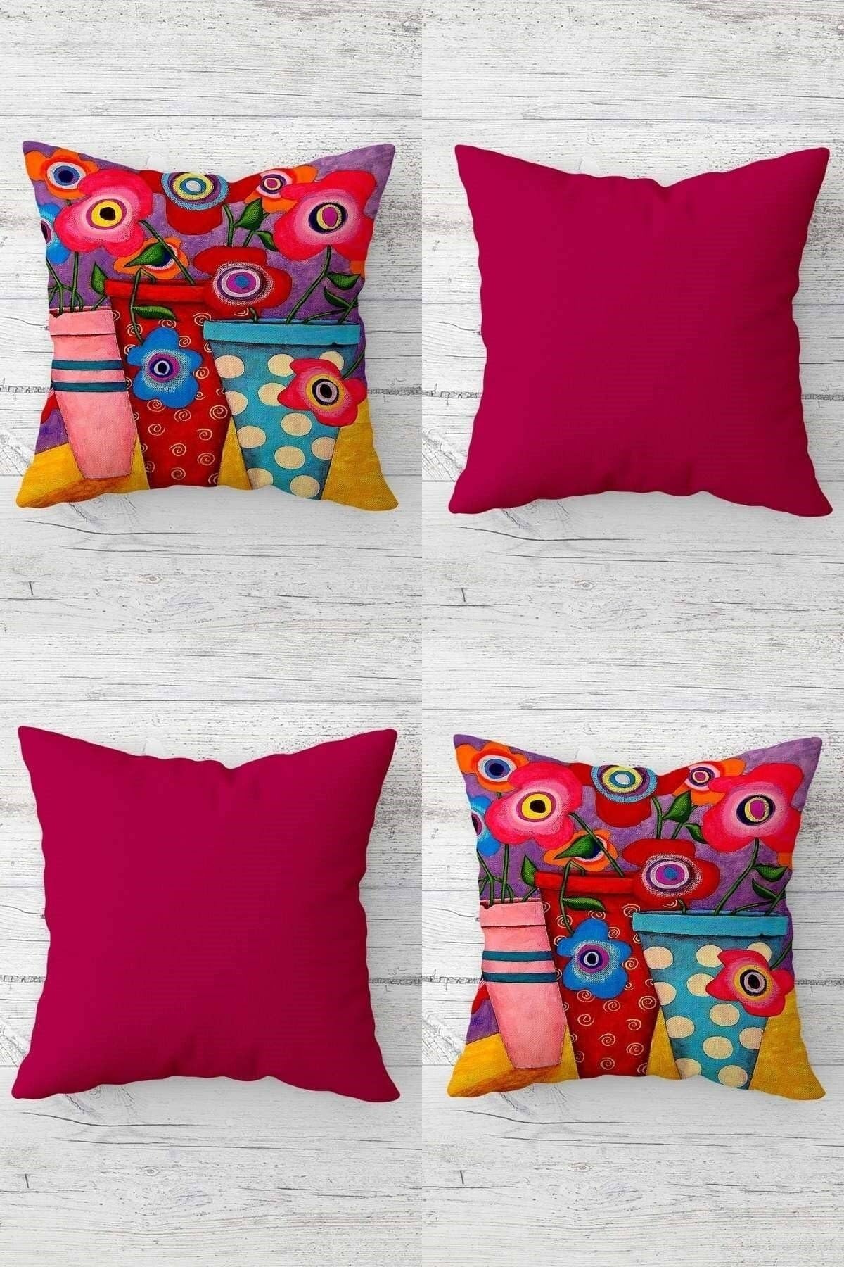 Pelangi Saksıdaki Çiçekler Desenli Gizli Fermuarlı Kırlent Kılıfı Koltuk Yastık Kılıfı Takım(4adet), Fuşya 45 x 45