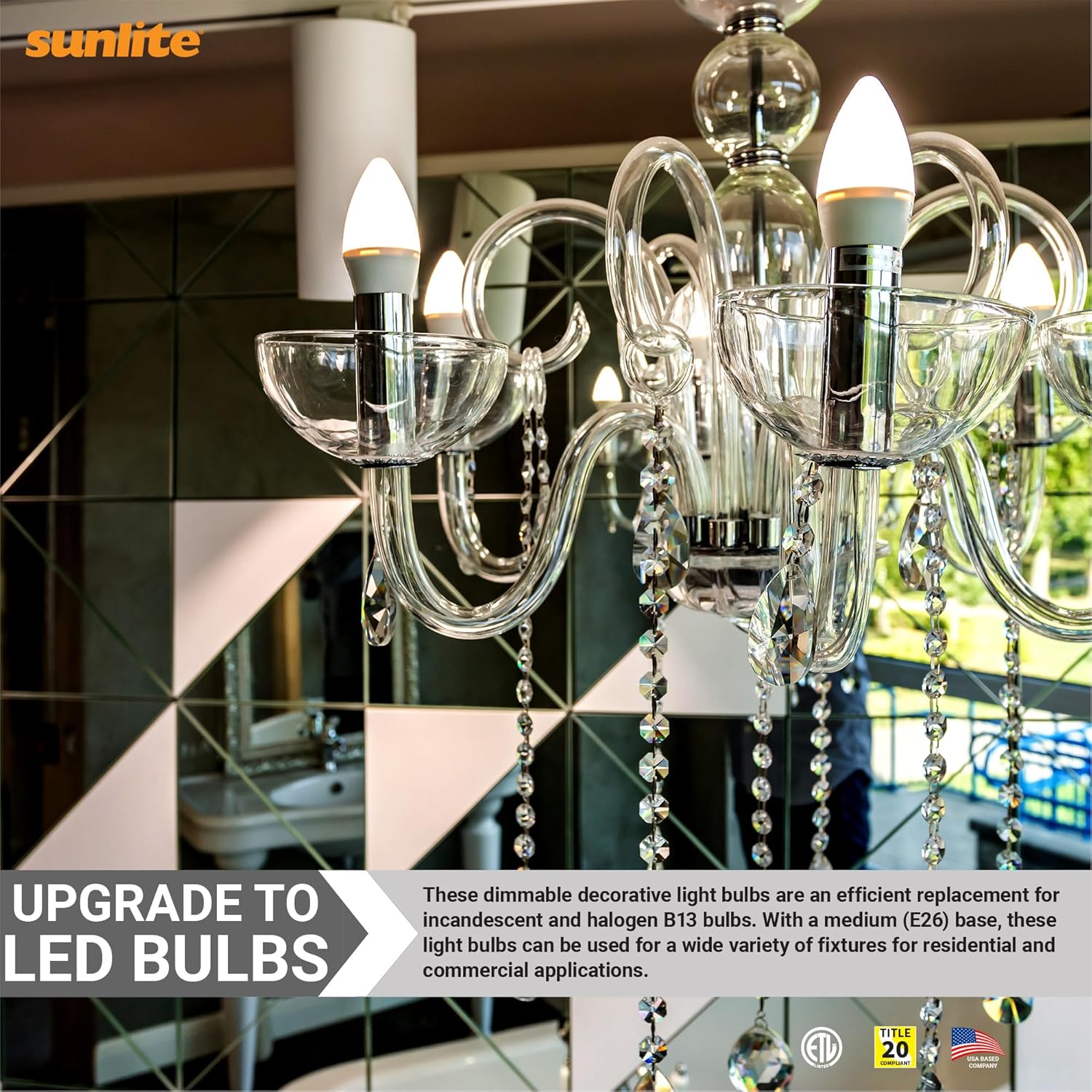Sunlite LED B13 Torpedo Decorative Chandelier Light Bulb, 7 Watts (60W=), 500 Lmns, 120 Volts, Dimmable, E26 Base, 90 CRI, ETL Listed, Torpedo Frosted, Title-20, 4000K Cool White, 6 Pack