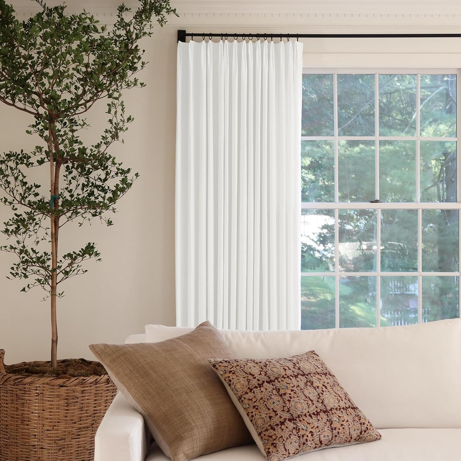 TWOPAGES Tailor Pleat Curtain 102 Inches Long, Sliding Door Living Room Heavy Faux Linen Textured Window Curtain, Room Darkening Lined Drape 1 Panel, 72W x 102L, Beige White