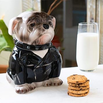 Summit Collection Ceramic Biker Bulldog Cookie Jar Dog Biscuit Pet Food Treat Canister with Lid Ceramic 8.25 Inch Tall