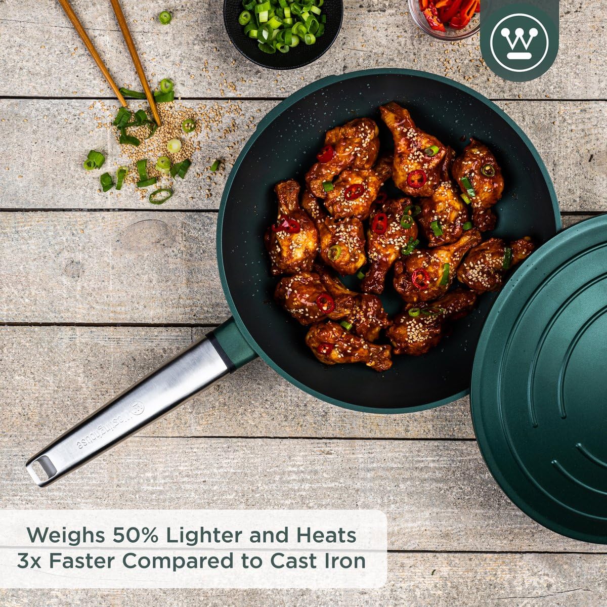 Westinghouse PERFORMANCE SERIES Wok Pfanne mit Deckel, Beschichtete Pfanne 28 cm mit Edelstahl-Griff, Bratpfanne Induktion, Für jeden Herd, Non Stick Pan, Ofenfest & Spülmaschinenfest, Grün