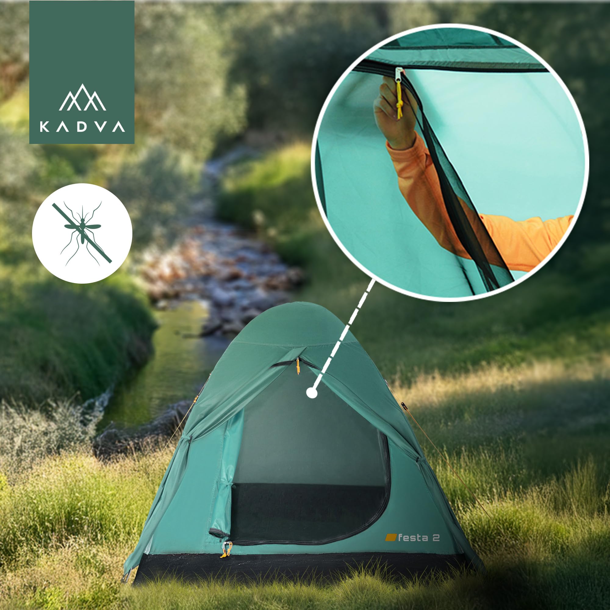 KADVA Tenda da campeggio Festa 2 Tenda 200 x 120 x 105 cm per 2 persone con zanzariera, impermeabile, struttura in fibra di vetro leggera e robusta, ideale per il campeggio e le escursioni