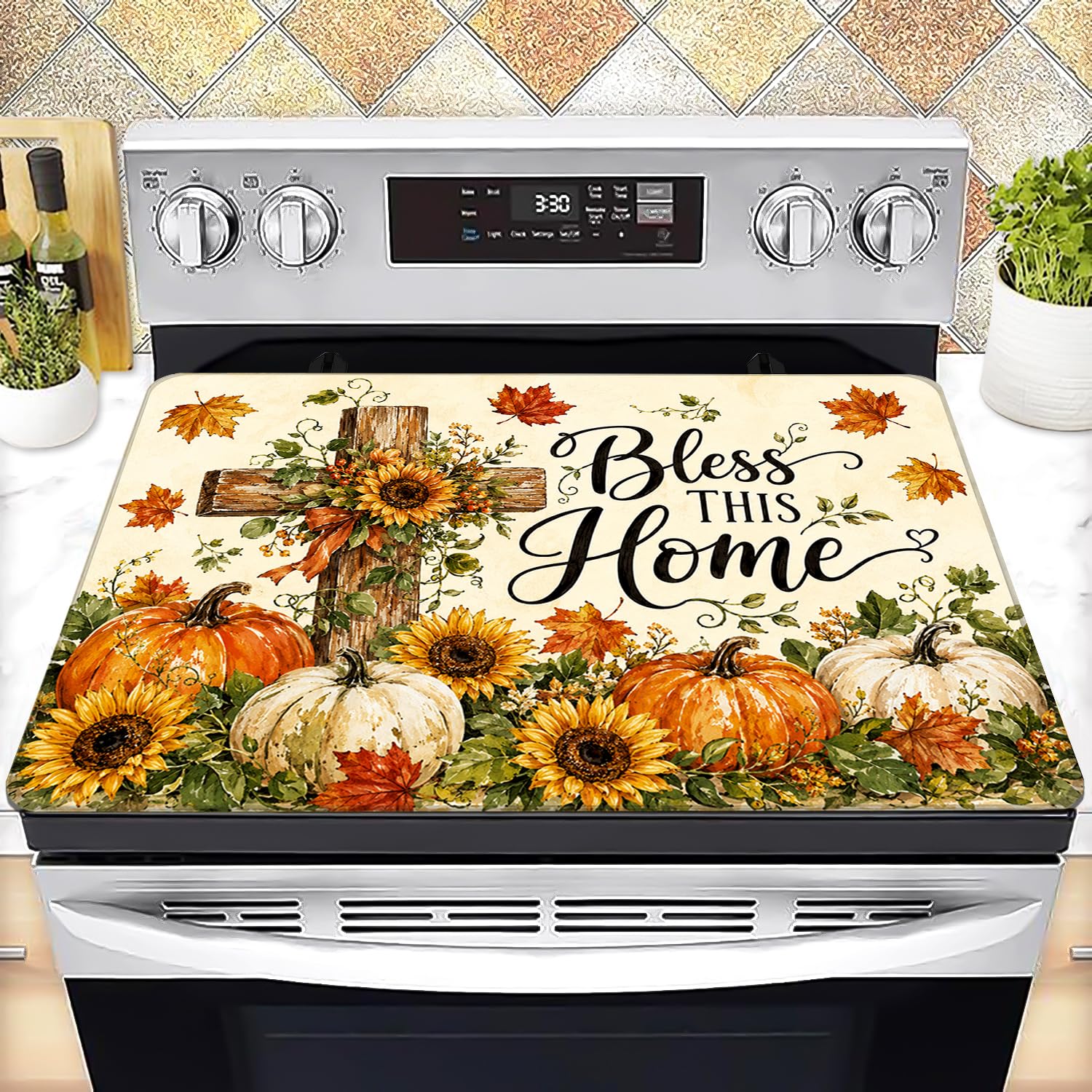 Stove Top Cover for Electric Stove 28 "x 20 ", Fall Pumpkins Sunflowers Rustic Harvest Glass Top Stove Cover Protector, Glass Cooktop Covers, Kitchen Flat Electric Stove Top Covers