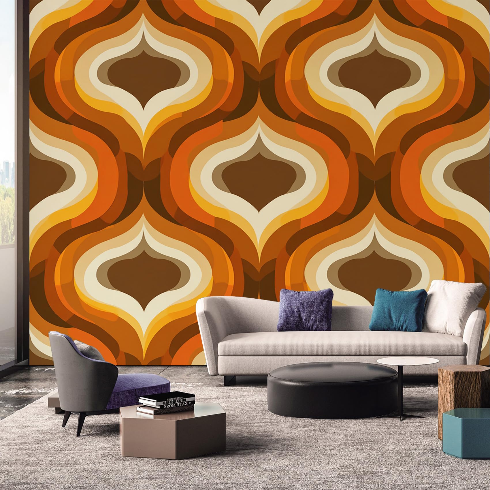 70s Wallpaper, Vintage Retro Funky Wallpaper Murals, 70s Room Decor Wall Art for Bedroom Kitchen Living Room 500L x 280W cm