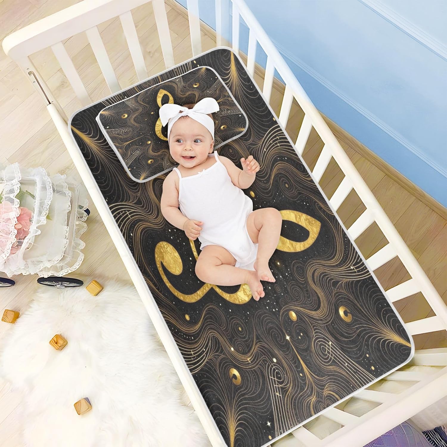 Cooling Baby Toddler Bed Mattress 28" x 52" Reusable Music Note Musician Gold Mattress pad for Baby&Toddler