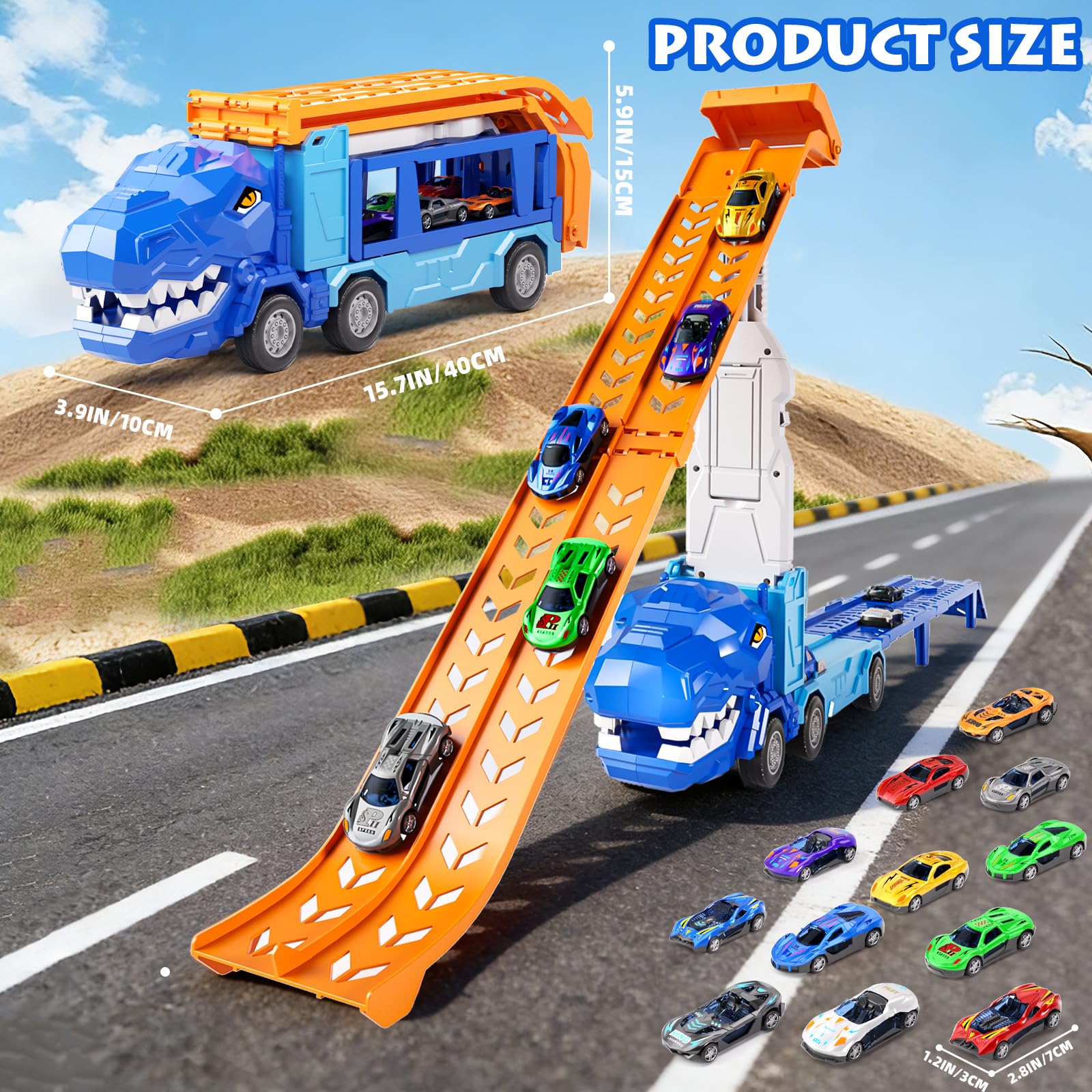 Doloowee Dinosaurier LKW Spielzeug für Jungen ab 3 Jahren, LKW Kran mit 12 Mini Rennwagen, Geschenk für Kinder 3 4 5 Jahre Alt