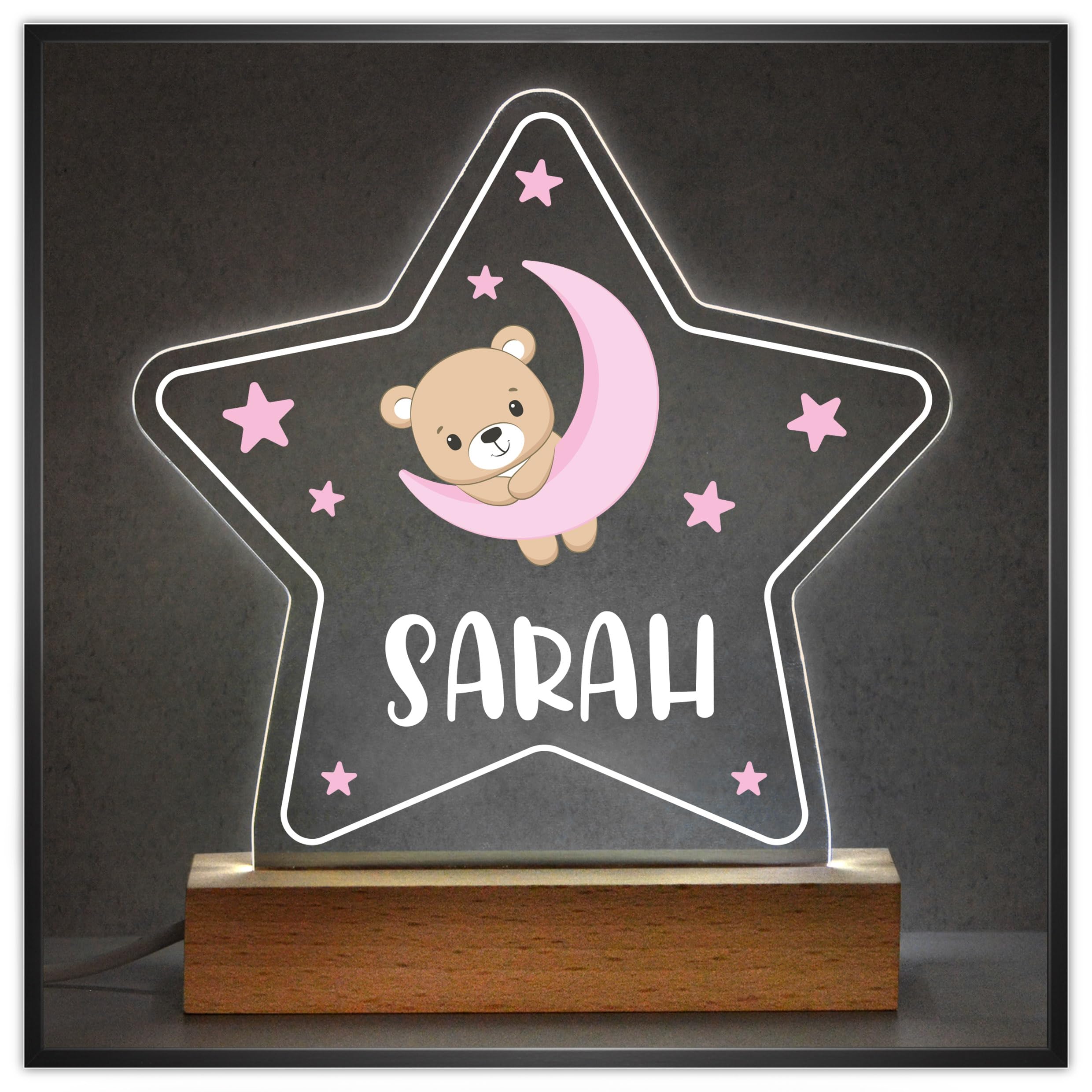 Pink Teddy Bear Star Night Light with Childs Name, Personalised Acrylic LED Night Light For Baby Girl, Star Nursery Bedroom Decor, Baby Sleep Light Lamp